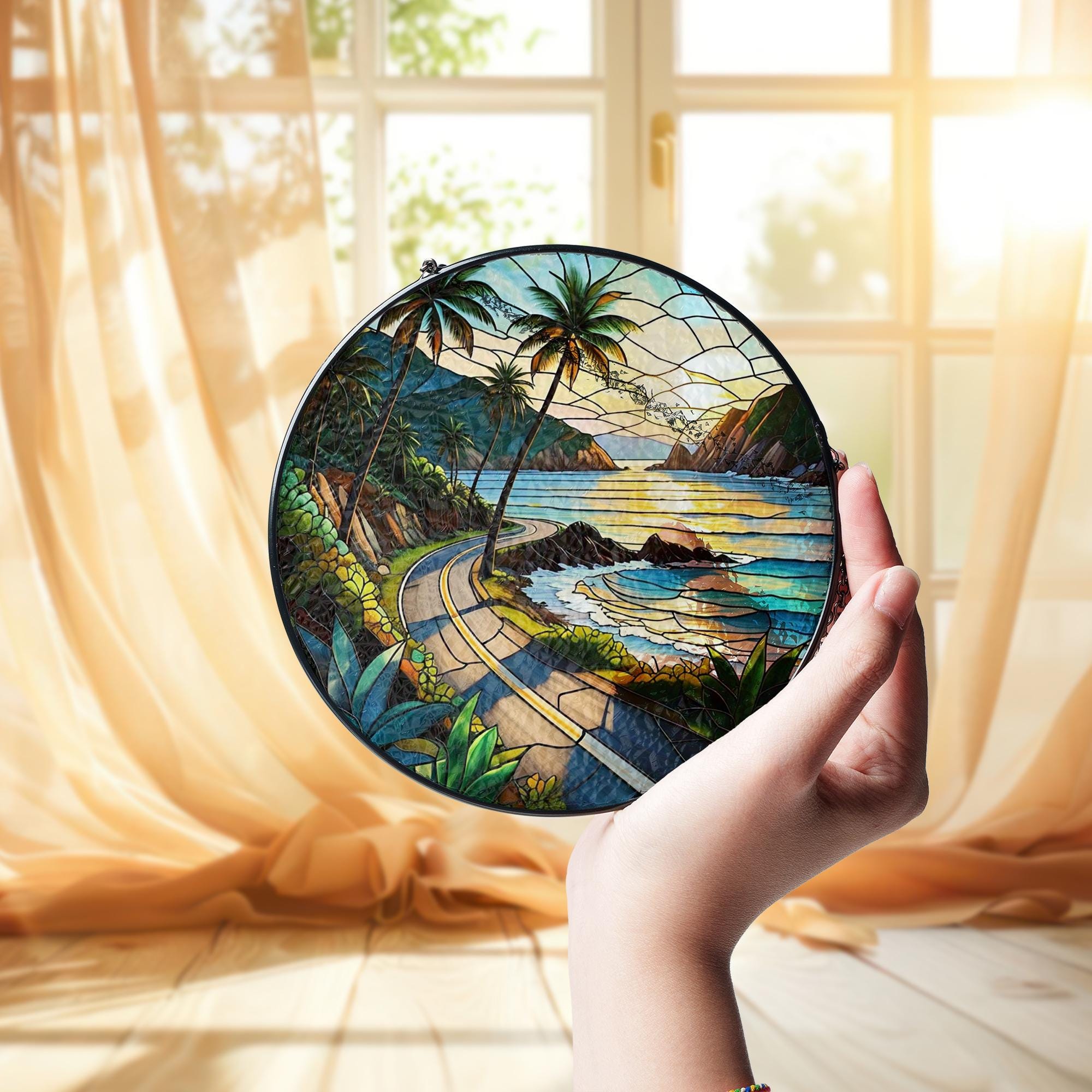 Road to the Beach Glass Suncatcher | Coastal Window Hanging | Summer Beach Drive Decor | Ocean Lover Gift | Handmade Glass Art