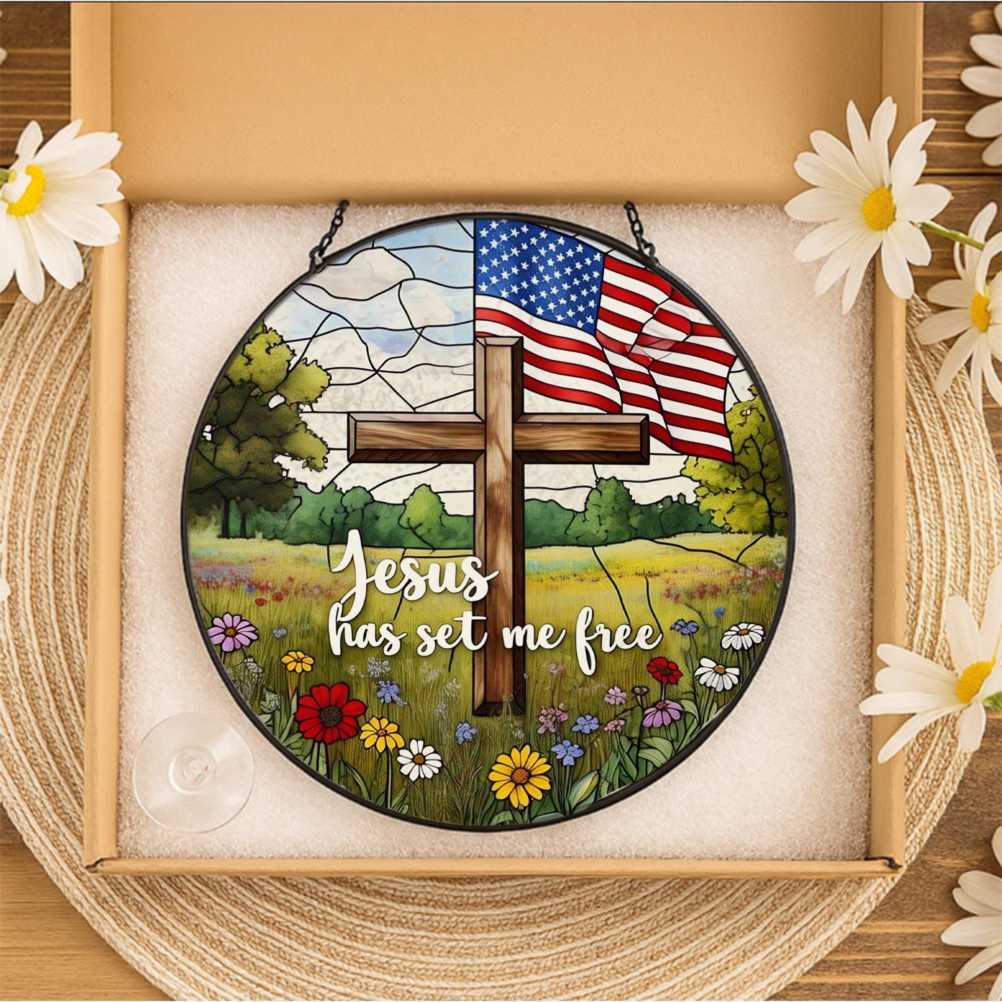 Cross America Glass Suncatcher | Patriotic Christian Window Decor | 4th of July Faith Gift | Red White Blue Church Art