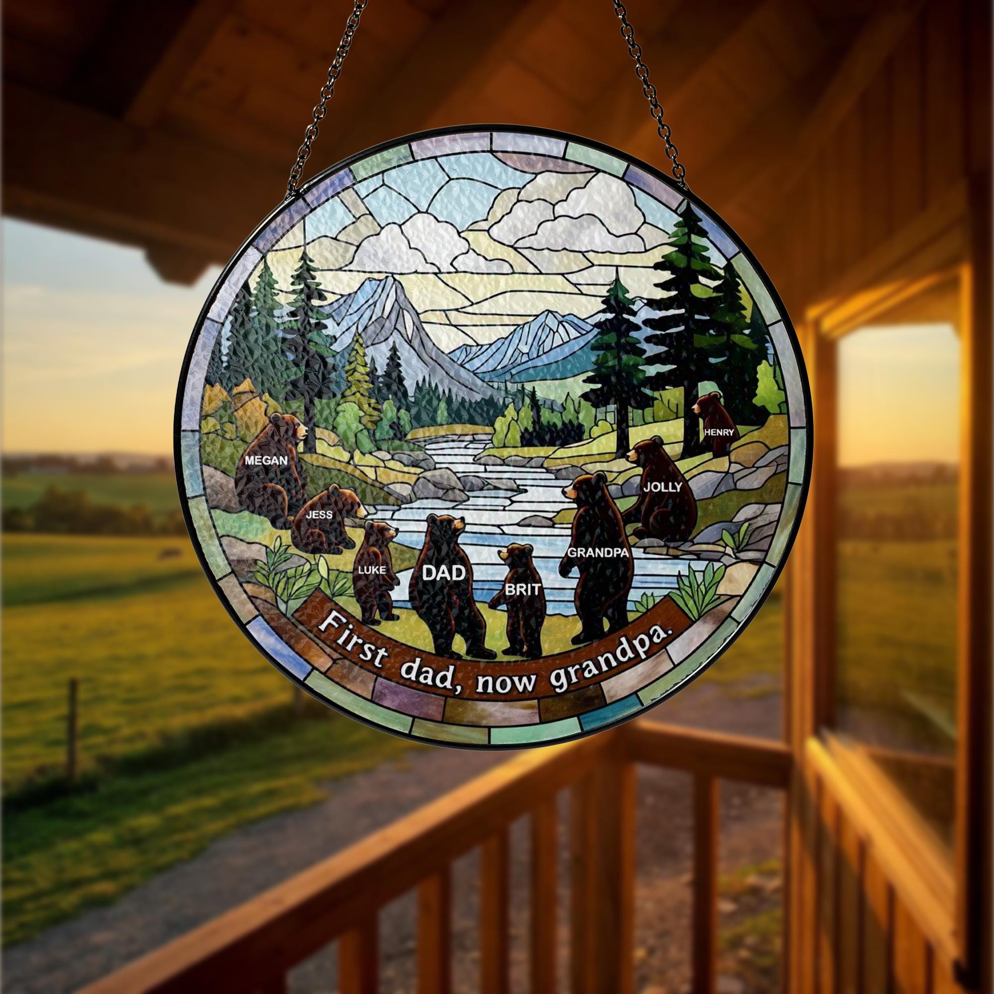 Personalized Bear Family Glass Suncatcher – "First Dad, Now Grandpa" Gift for Father's Day, Grandpa Birthday, Custom Names Grandchild Gift