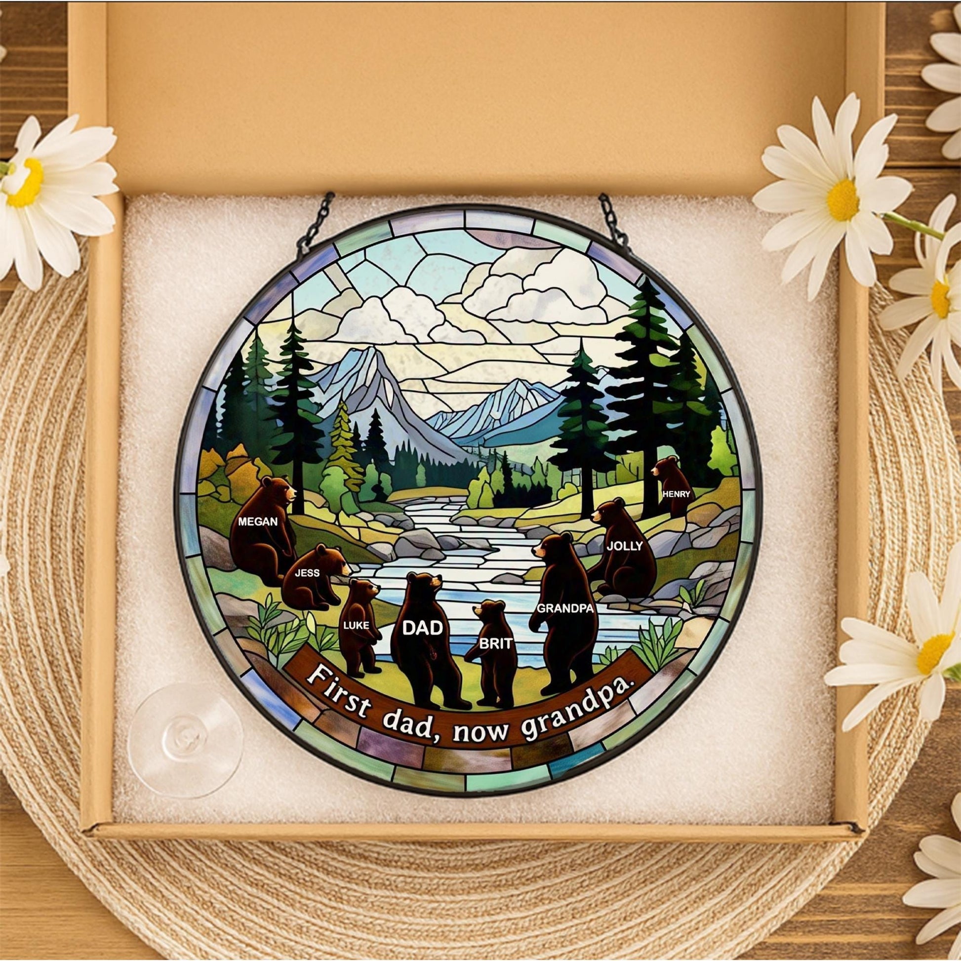 Personalized Bear Family Glass Suncatcher – "First Dad, Now Grandpa" Gift for Father's Day, Grandpa Birthday, Custom Names Grandchild Gift