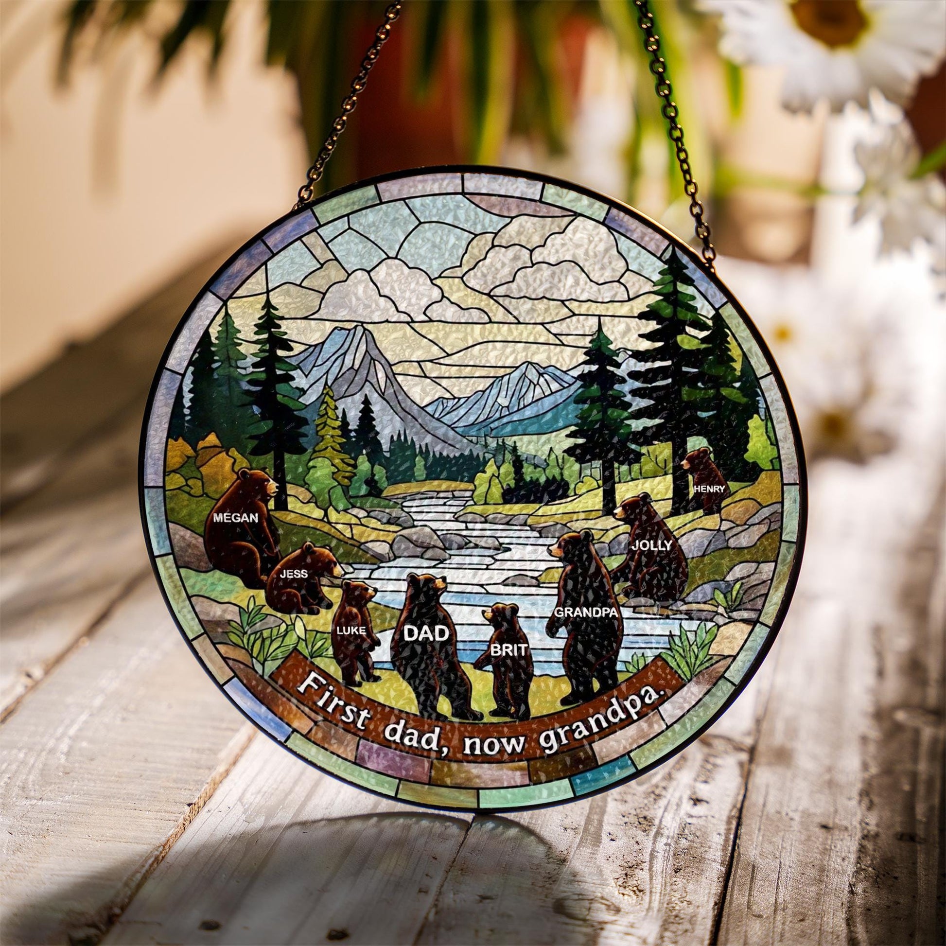Personalized Bear Family Glass Suncatcher – "First Dad, Now Grandpa" Gift for Father's Day, Grandpa Birthday, Custom Names Grandchild Gift