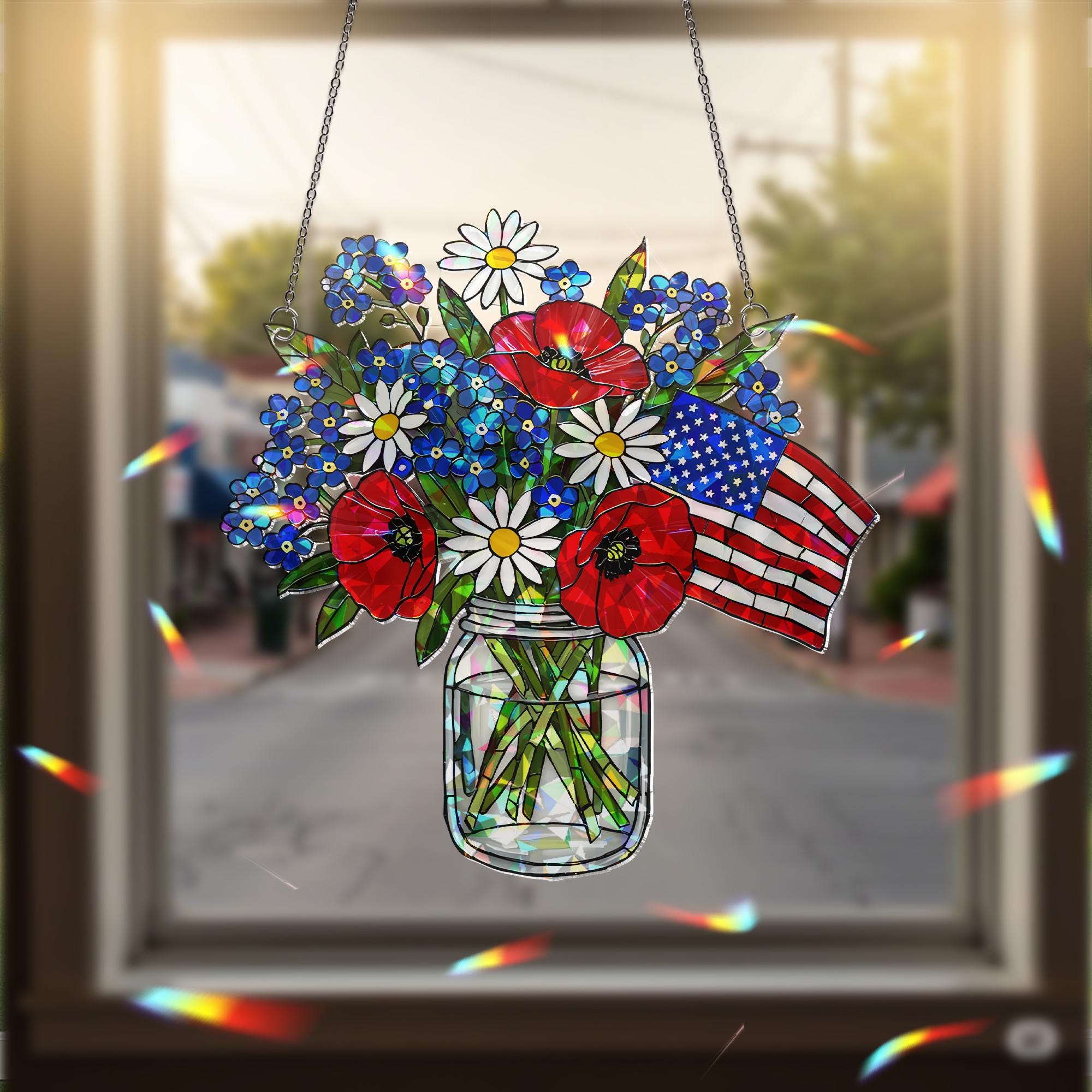 Patriotic Flower Suncatcher, Holographic Window Hanging, Red White Blue Floral Decor, Acrylic Flag Jar Art, Memorial Gift, 4th July Decor