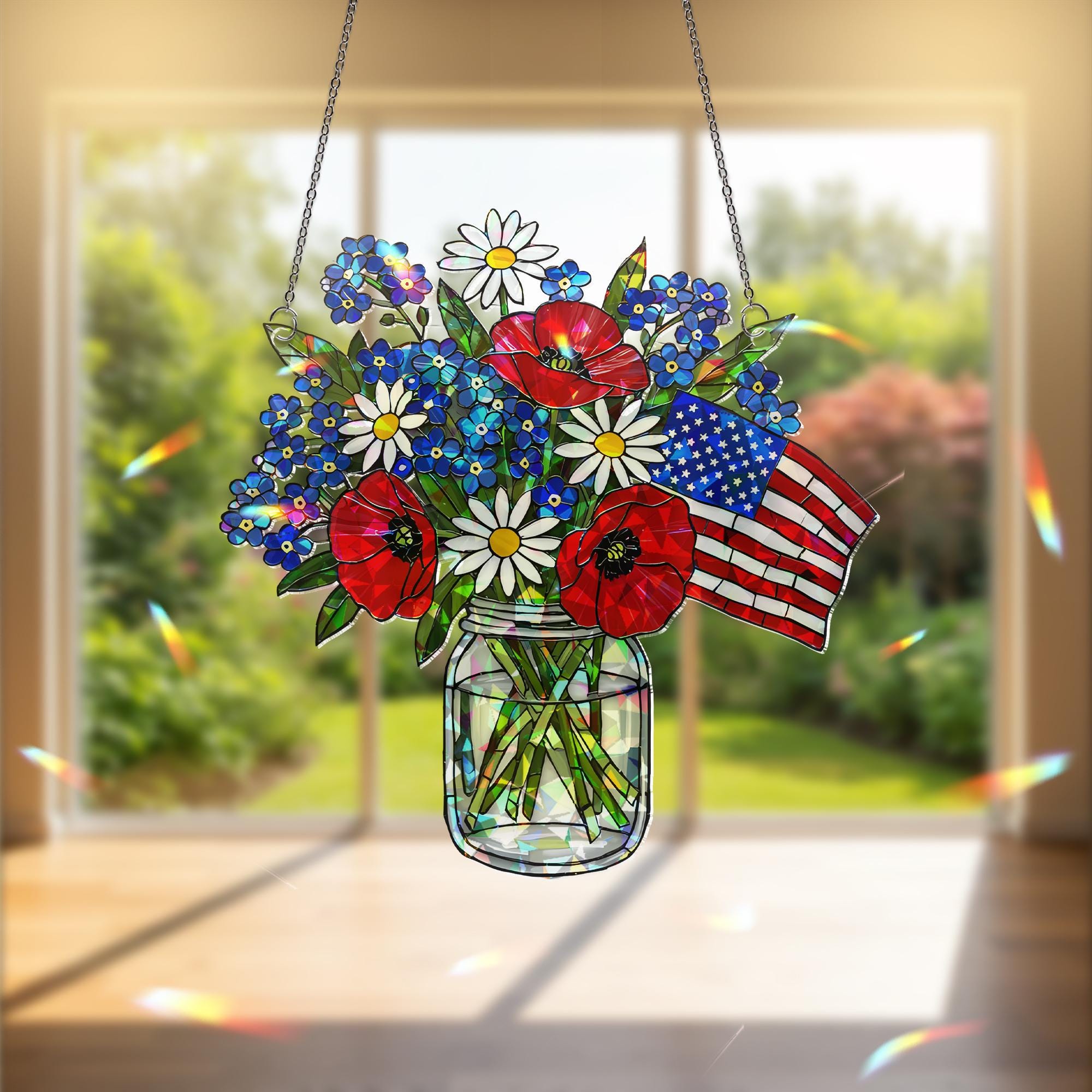 Patriotic Flower Suncatcher, Holographic Window Hanging, Red White Blue Floral Decor, Acrylic Flag Jar Art, Memorial Gift, 4th July Decor
