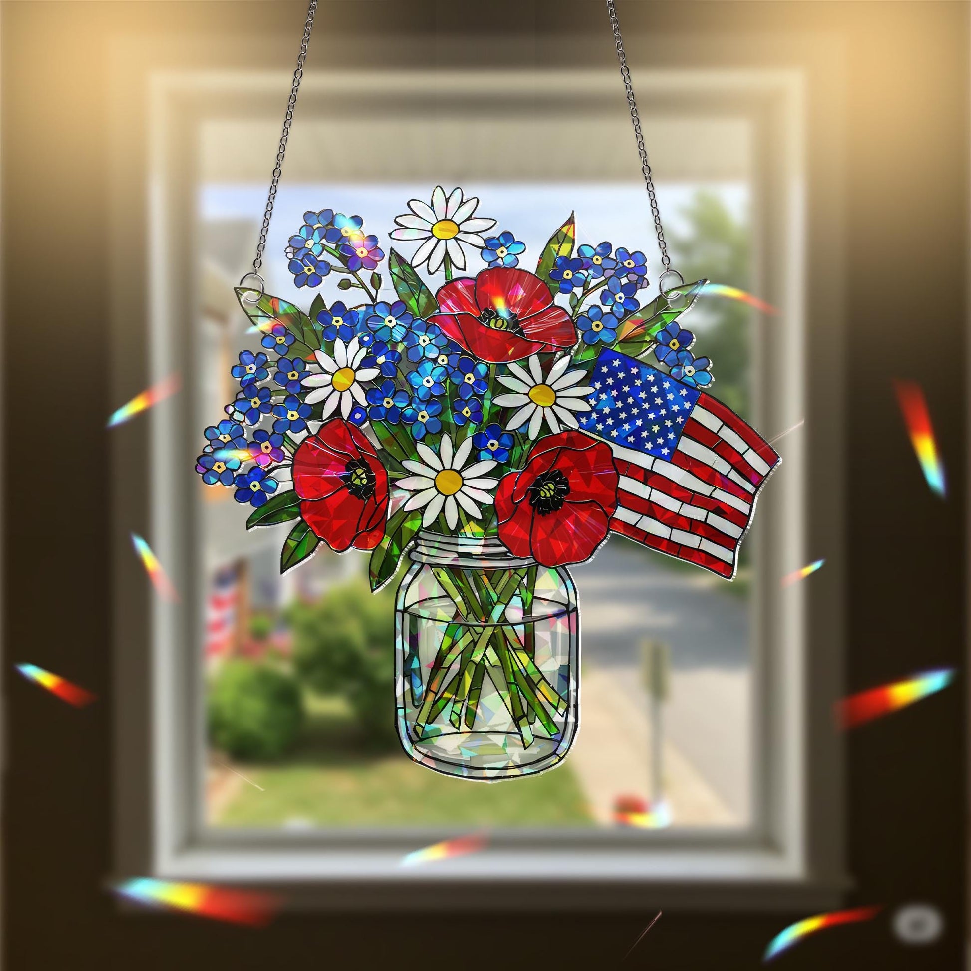 Patriotic Flower Suncatcher, Holographic Window Hanging, Red White Blue Floral Decor, Acrylic Flag Jar Art, Memorial Gift, 4th July Decor