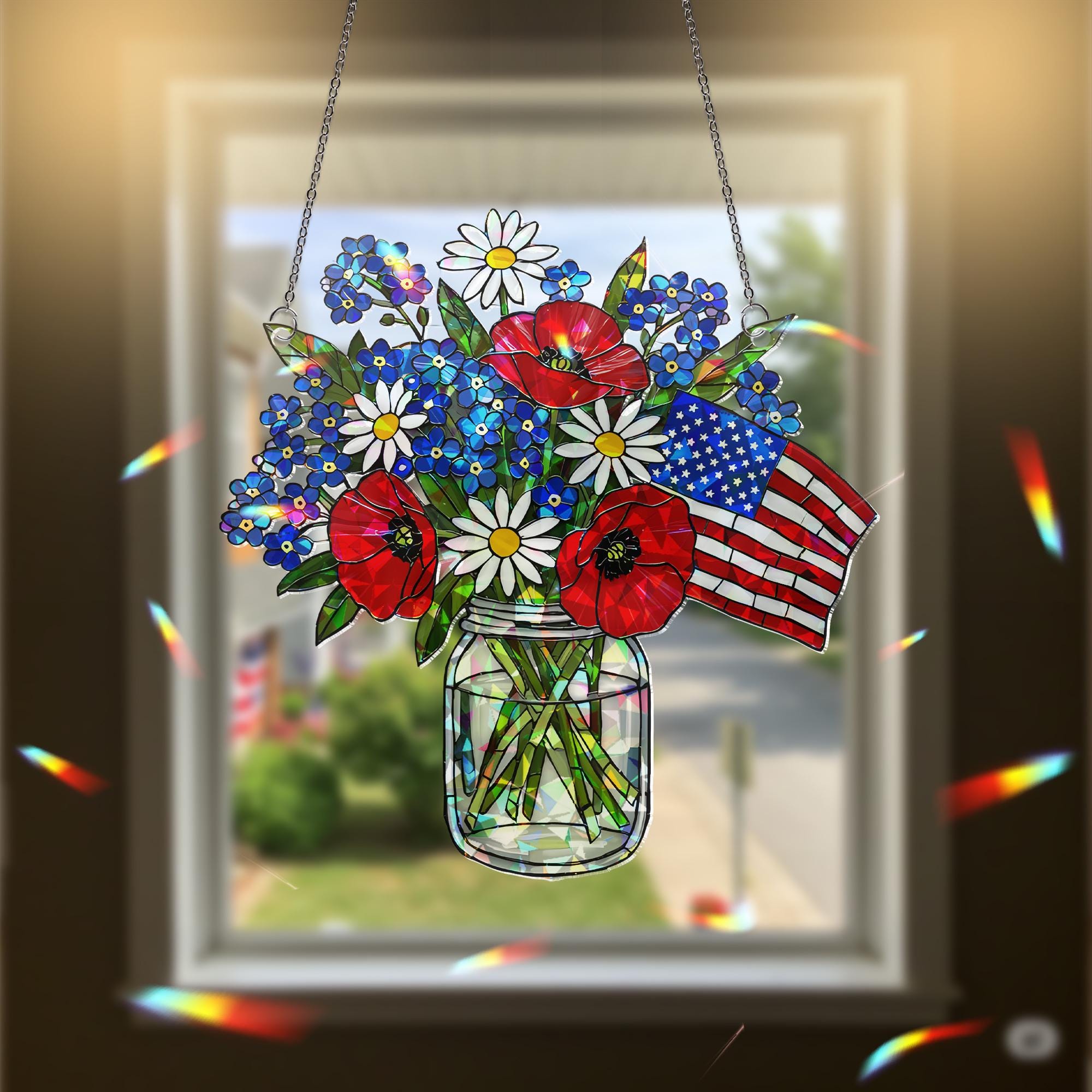 Patriotic Flower Suncatcher, Holographic Window Hanging, Red White Blue Floral Decor, Acrylic Flag Jar Art, Memorial Gift, 4th July Decor