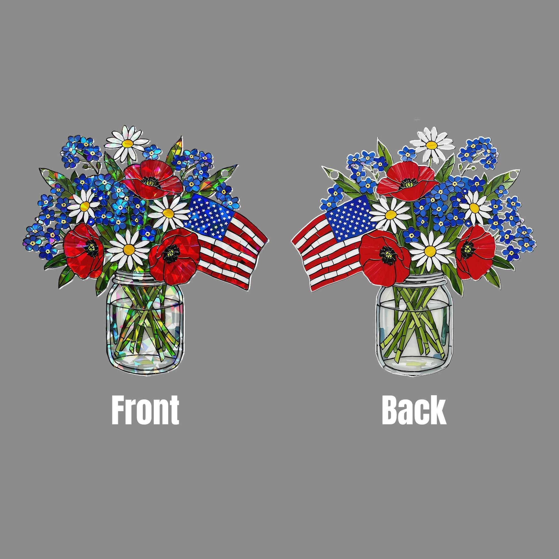 Patriotic Flower Suncatcher, Holographic Window Hanging, Red White Blue Floral Decor, Acrylic Flag Jar Art, Memorial Gift, 4th July Decor