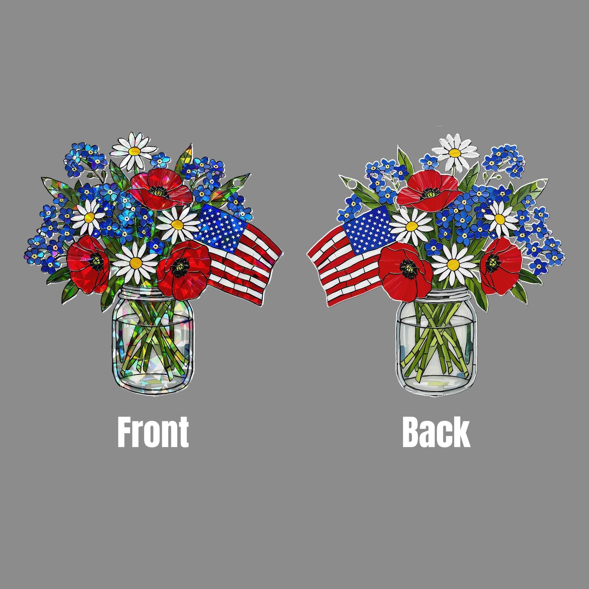 Patriotic Flower Suncatcher, Holographic Window Hanging, Red White Blue Floral Decor, Acrylic Flag Jar Art, Memorial Gift, 4th July Decor