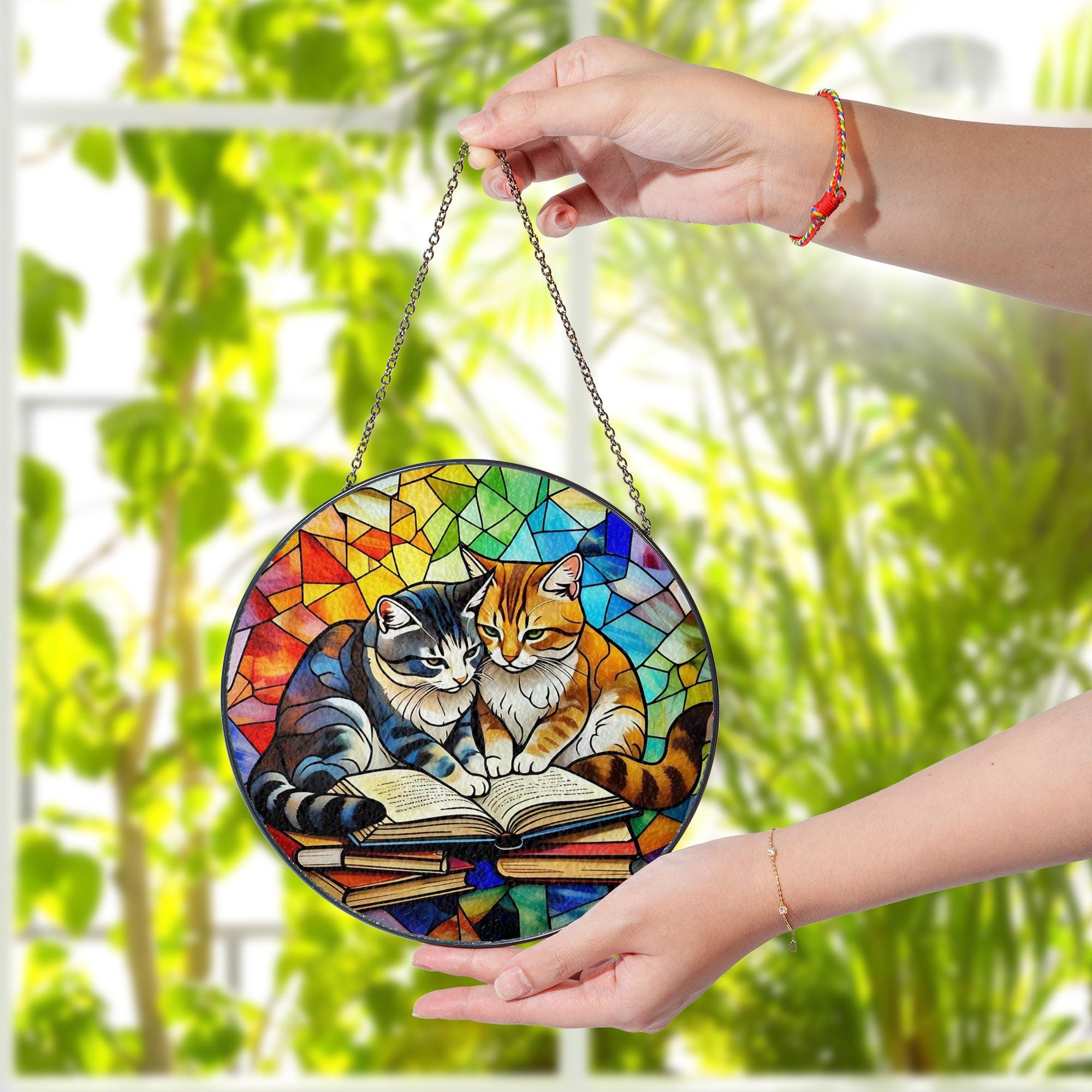 Cat with Book Glass Suncatcher | Book Lover Window Decor | Cozy Reading Nook Gift | Cat Lady Glass Art | Literary Cat Sun Catcher