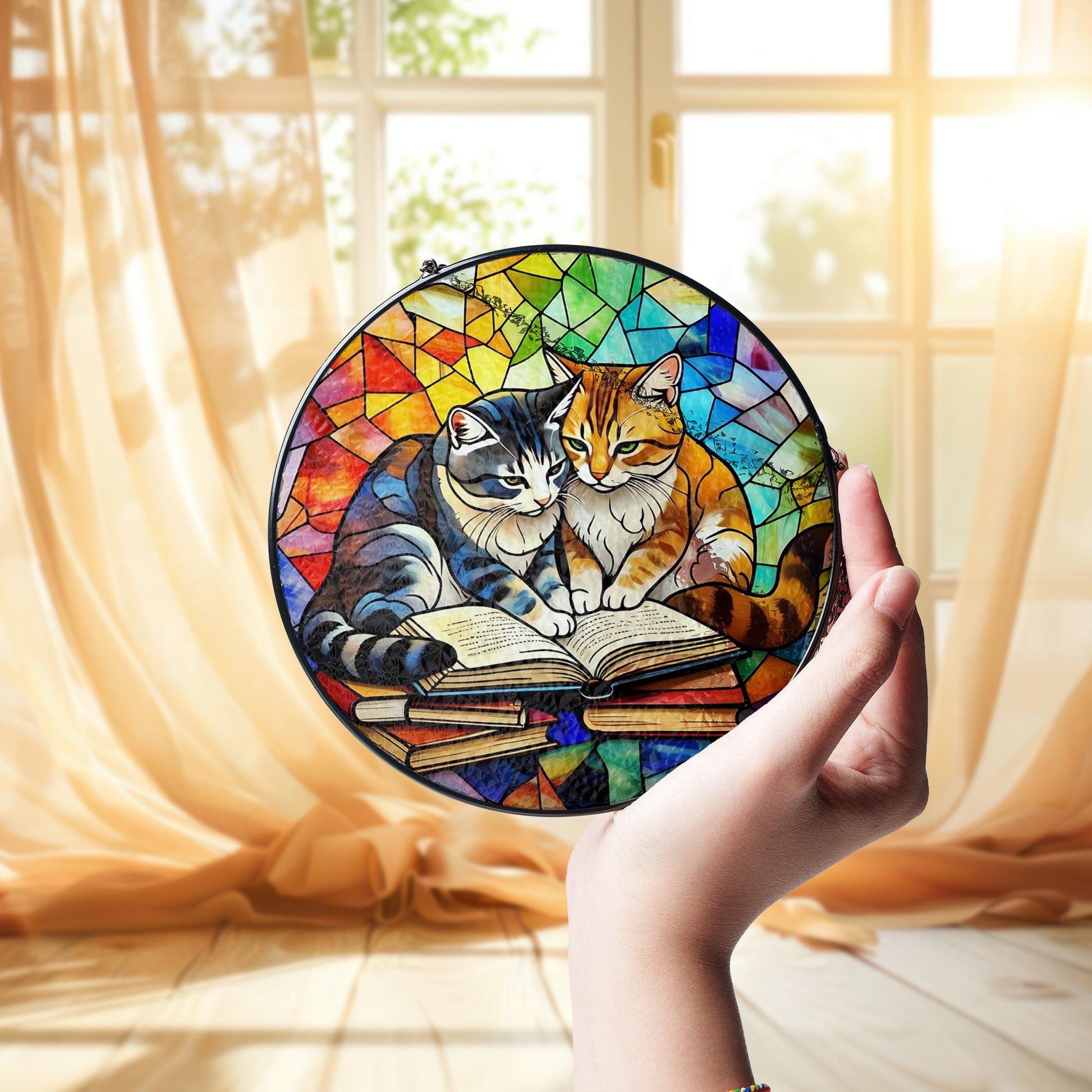 Cat with Book Glass Suncatcher | Book Lover Window Decor | Cozy Reading Nook Gift | Cat Lady Glass Art | Literary Cat Sun Catcher