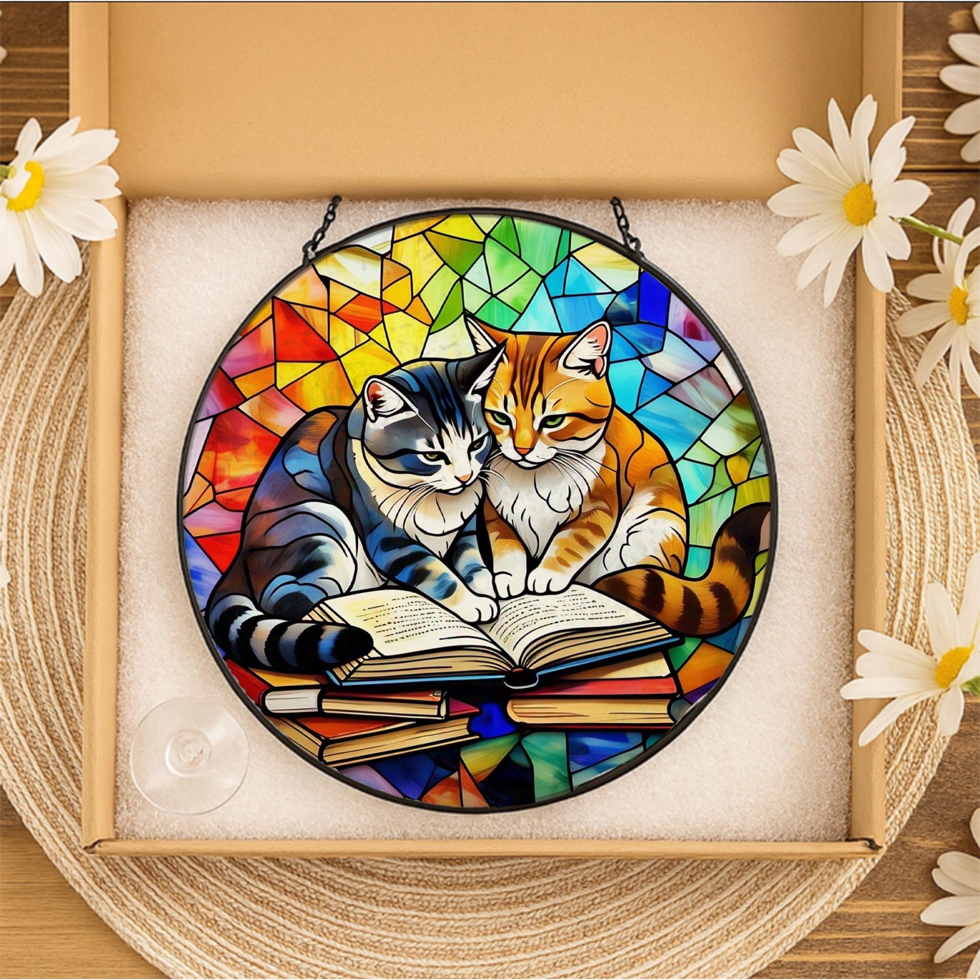 Cat with Book Glass Suncatcher | Book Lover Window Decor | Cozy Reading Nook Gift | Cat Lady Glass Art | Literary Cat Sun Catcher