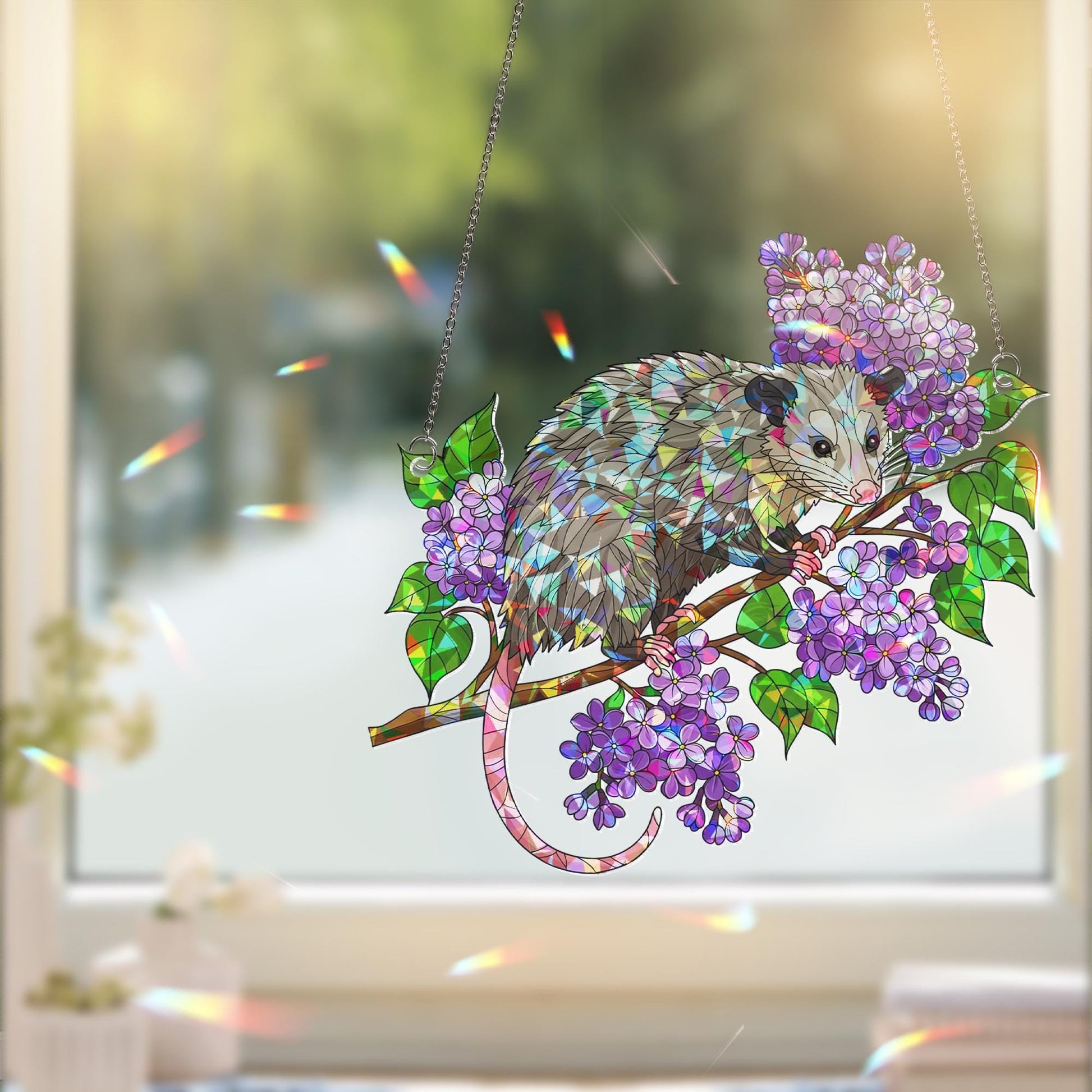 Possum Suncatcher, Lilac Flower Window Hanging, Holographic Acrylic Possum Decor, Cute Animal Gift, Spring Nature Window Art