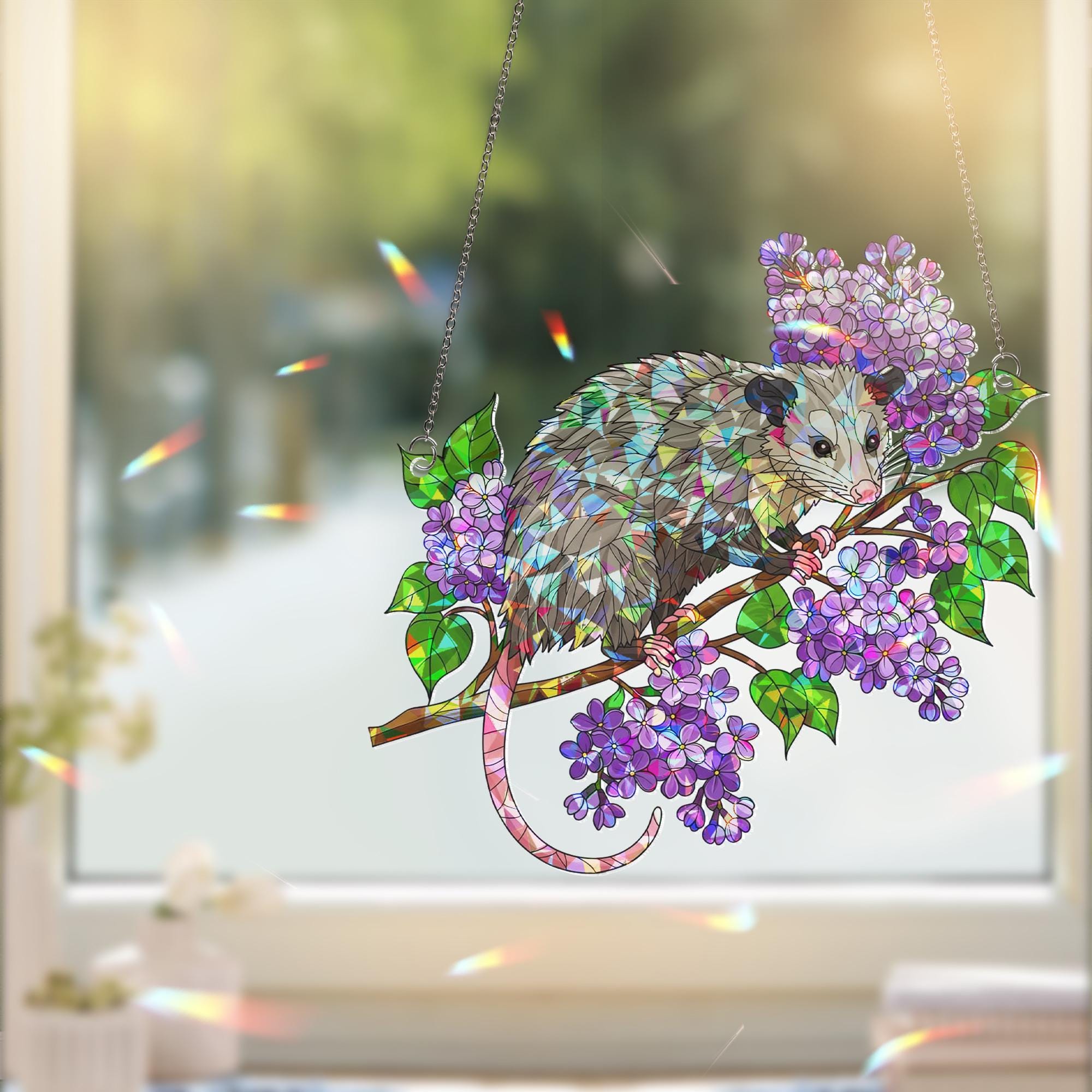 Possum Suncatcher, Lilac Flower Window Hanging, Holographic Acrylic Possum Decor, Cute Animal Gift, Spring Nature Window Art