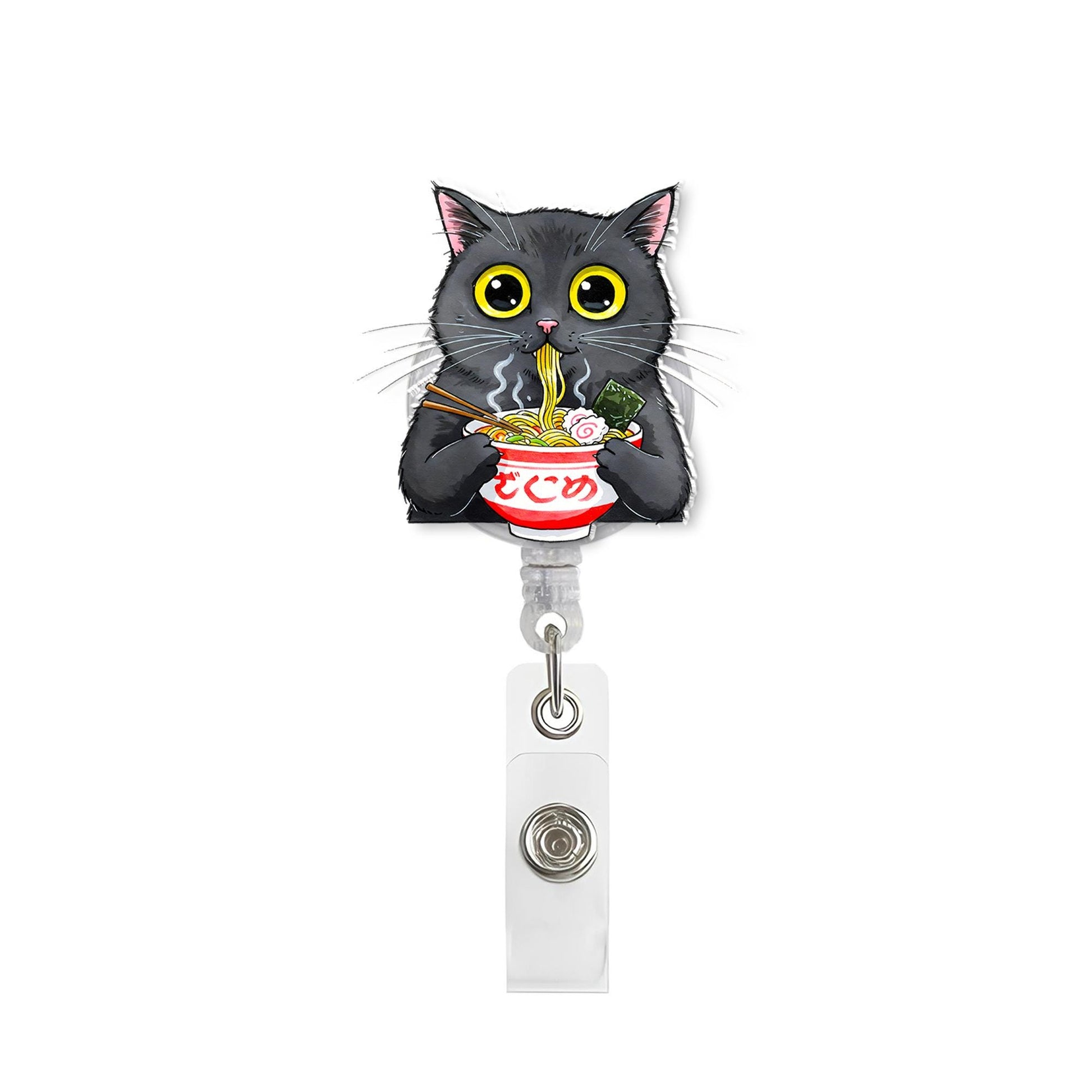 Cute Black Cat Eating Ramen Badge Reel - Kawaii Kitty Noodle Lover Retractable ID Holder - Funny Foodie Nurse Teacher Student Gift