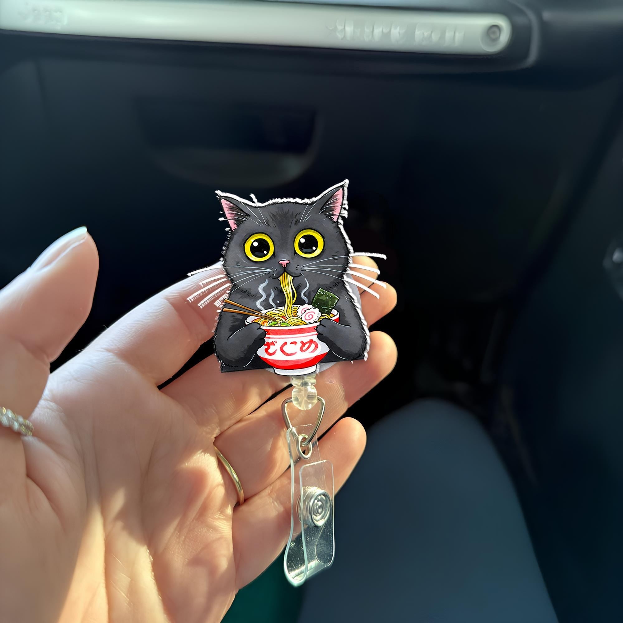 Cute Black Cat Eating Ramen Badge Reel - Kawaii Kitty Noodle Lover Retractable ID Holder - Funny Foodie Nurse Teacher Student Gift