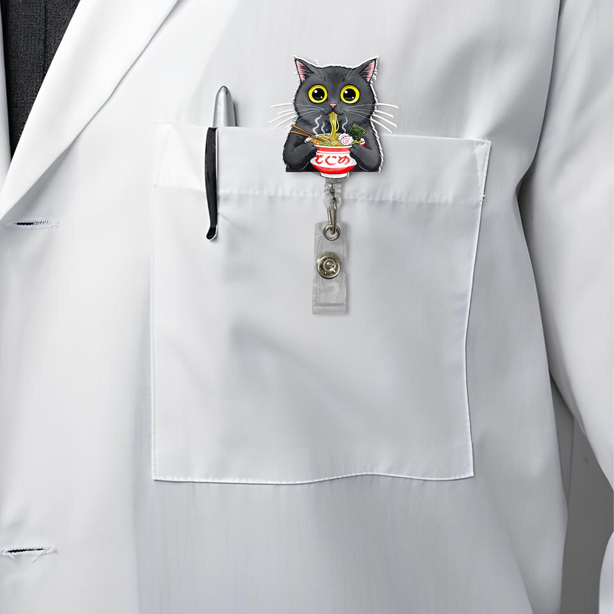 Cute Black Cat Eating Ramen Badge Reel - Kawaii Kitty Noodle Lover Retractable ID Holder - Funny Foodie Nurse Teacher Student Gift