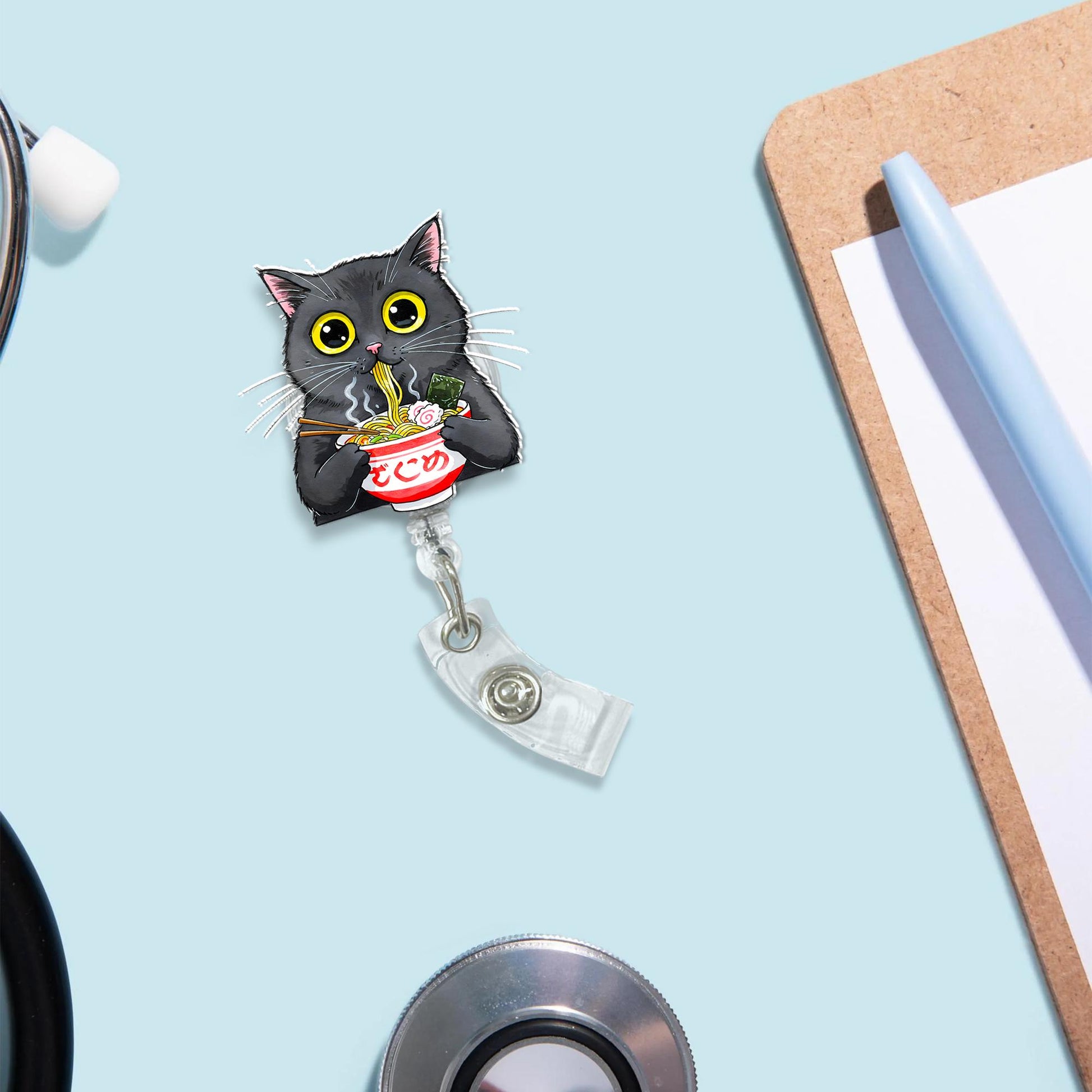 Cute Black Cat Eating Ramen Badge Reel - Kawaii Kitty Noodle Lover Retractable ID Holder - Funny Foodie Nurse Teacher Student Gift