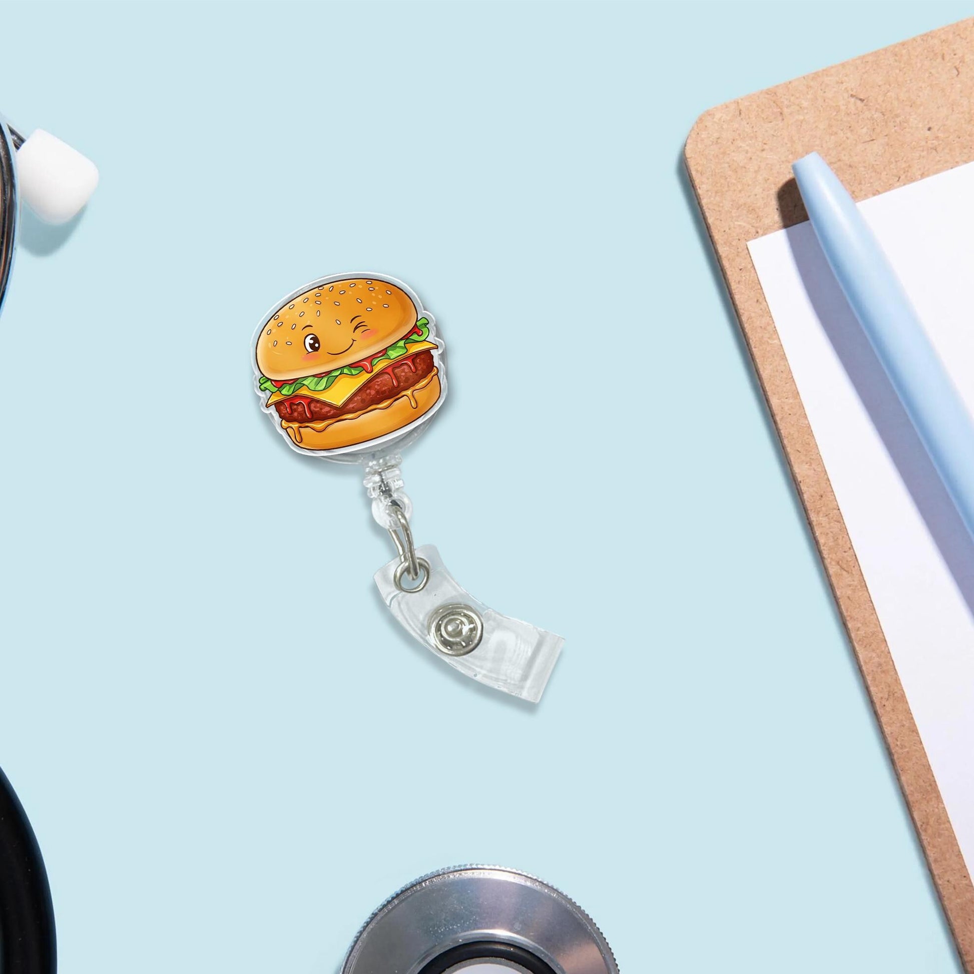 Adorable Winking Hamburger Badge Reel - Fun Foodie ID Holder for Nurses, Doctors, Teachers & Hospital Staff - Retractable Cute Charm