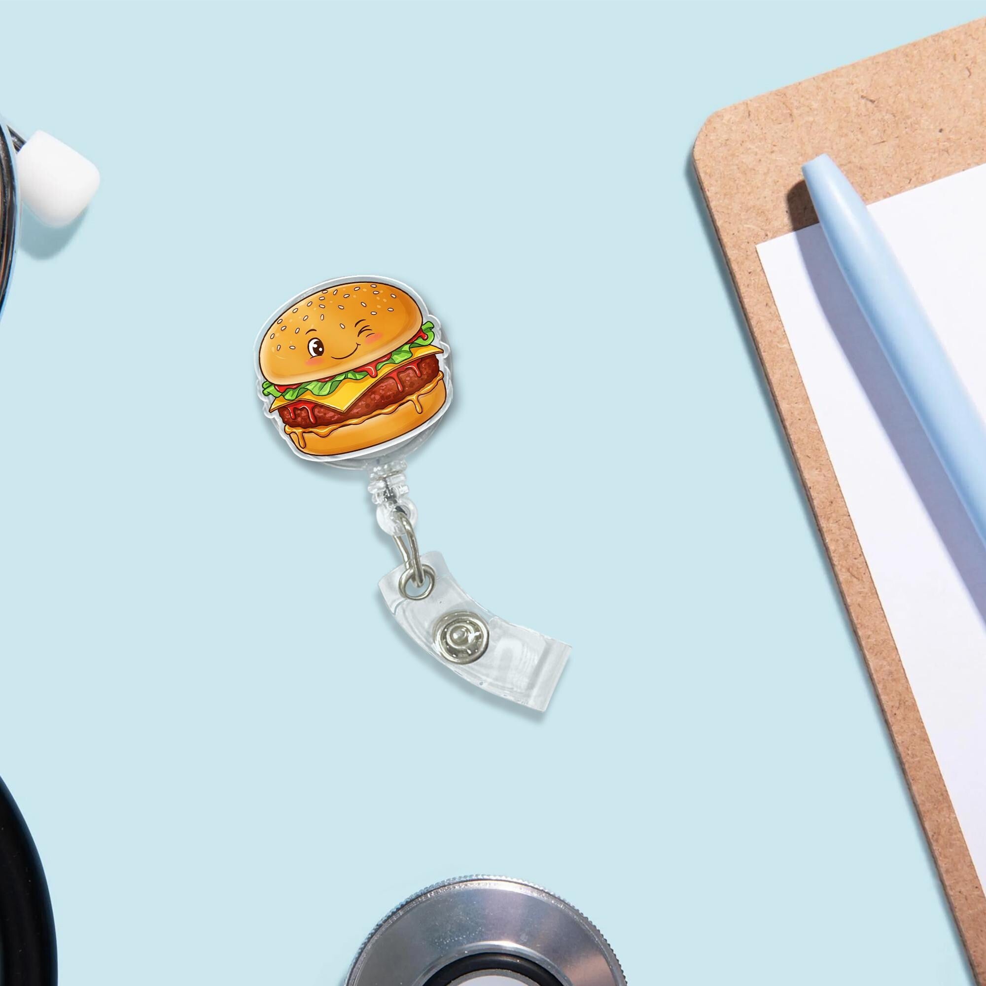Adorable Winking Hamburger Badge Reel - Fun Foodie ID Holder for Nurses, Doctors, Teachers & Hospital Staff - Retractable Cute Charm