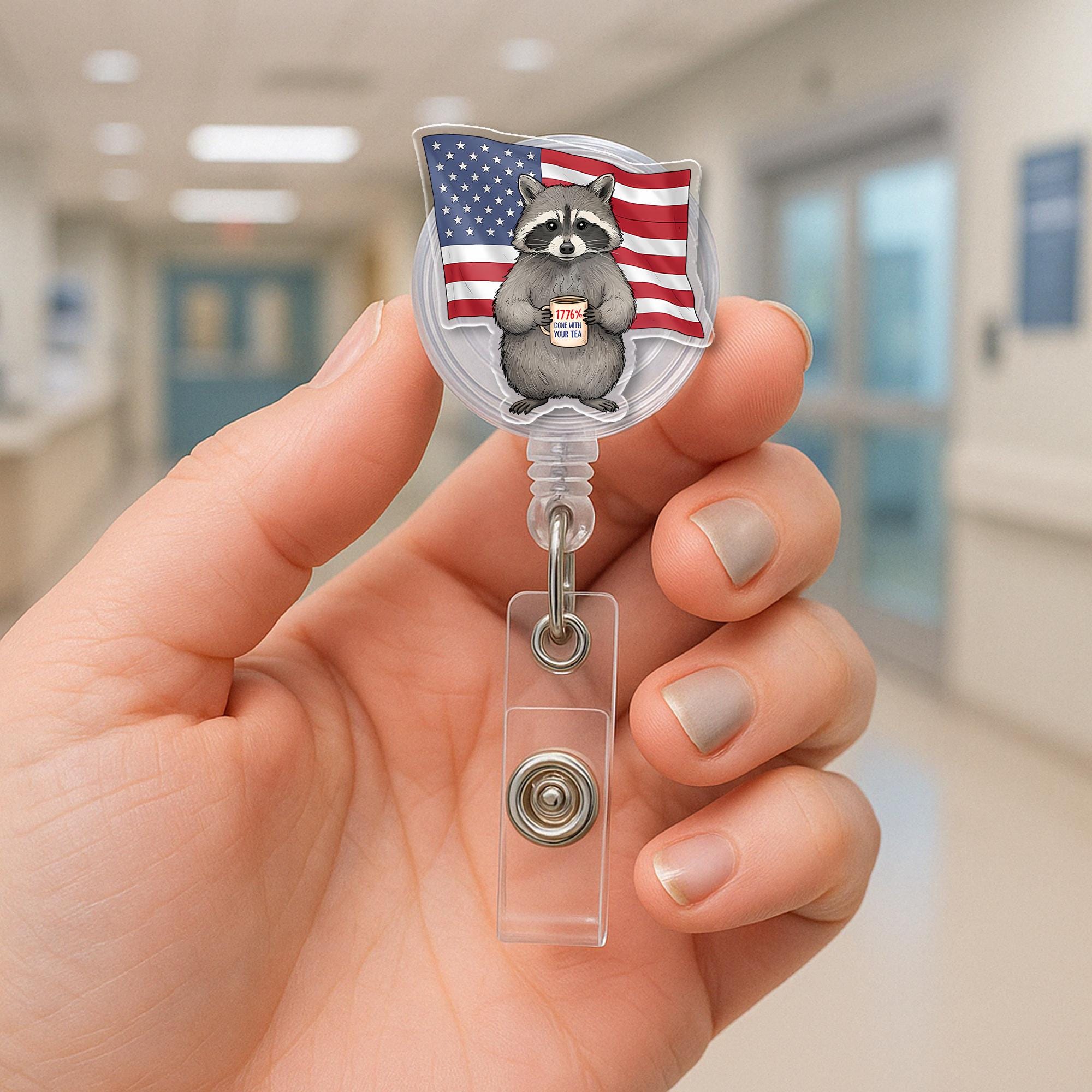 Patriotic Raccoon Badge Reel, Funny 4th of July ID Holder, USA Flag Badge Clip, Retractable Nurse Badge, Independence Day Gift