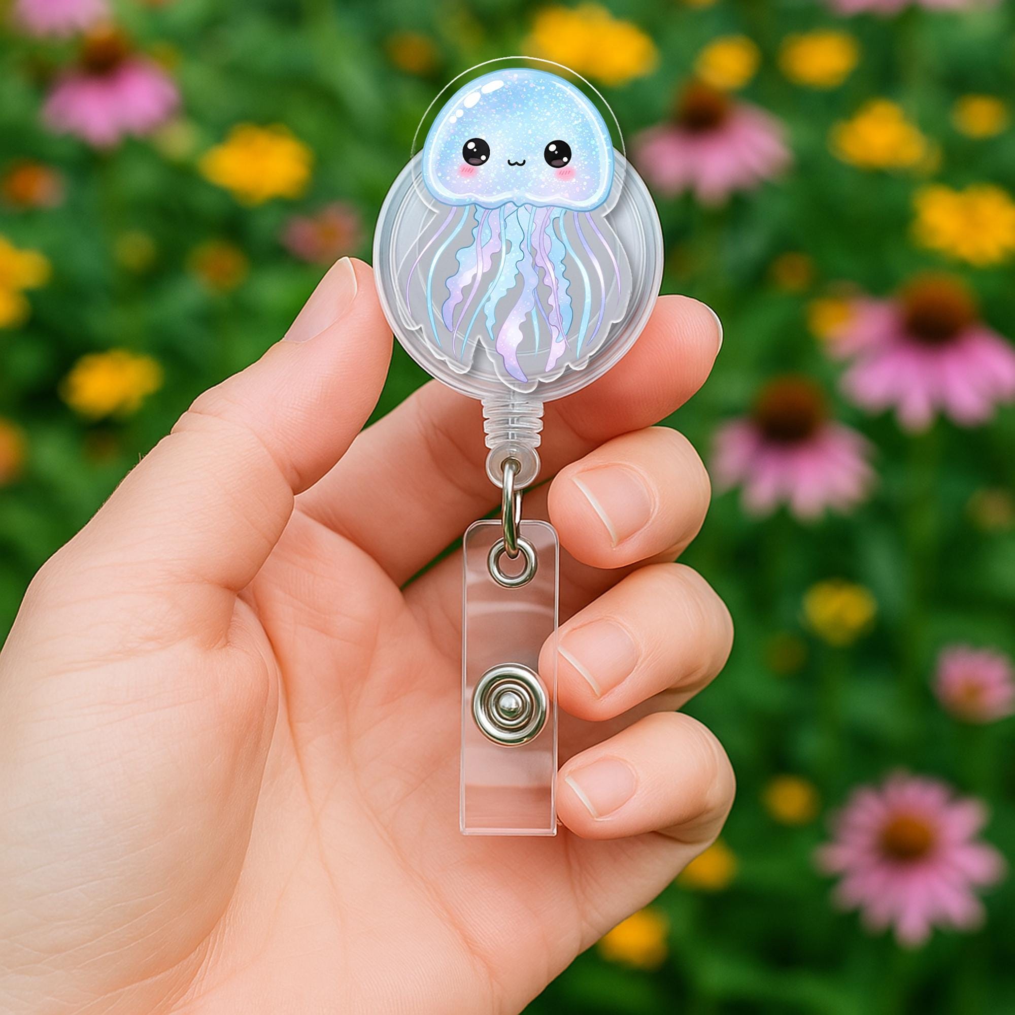 Cute Blue Jellyfish Retractable Badge Reel, Sparkly Kawaii Ocean Creature ID Holder, Nurse Doctor Student Gift, Under the Sea Work Accessory