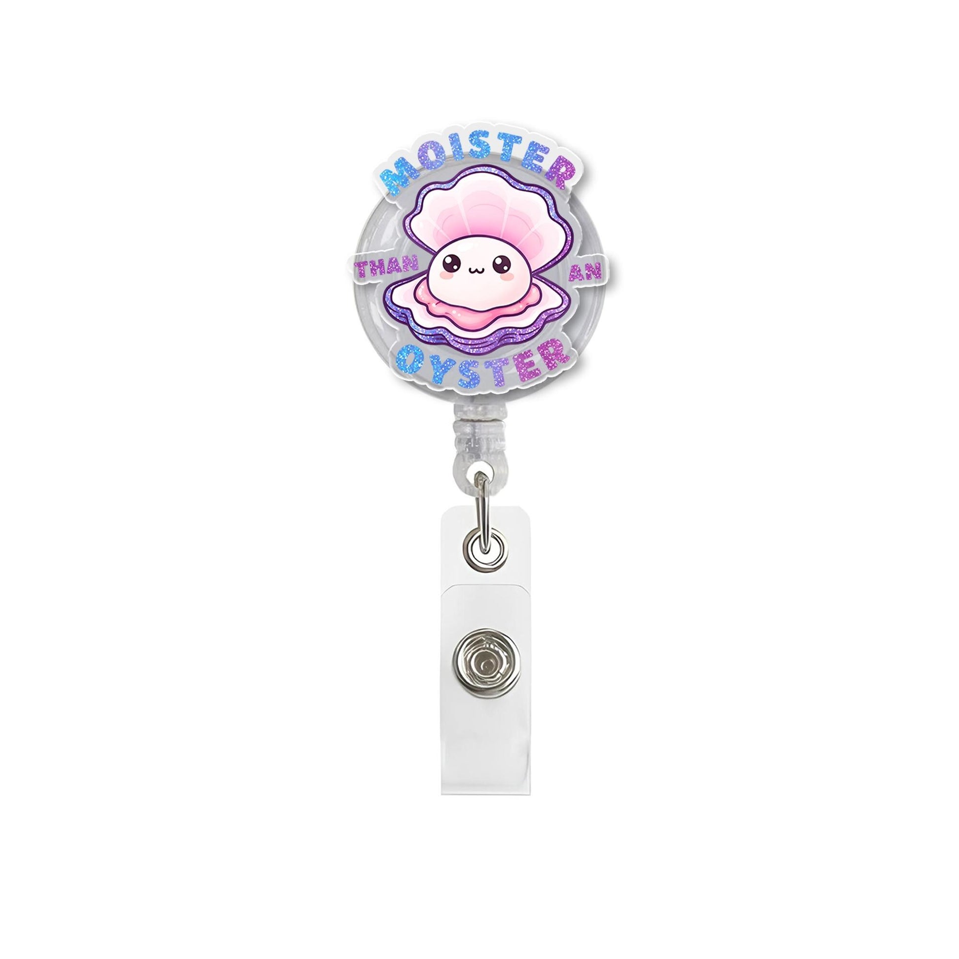 Happy Little Oyster and Clam Badge Reel - Cute Kawaii Smiling Shell Retractable ID Holder for Nurses, Teachers, and Office Staff