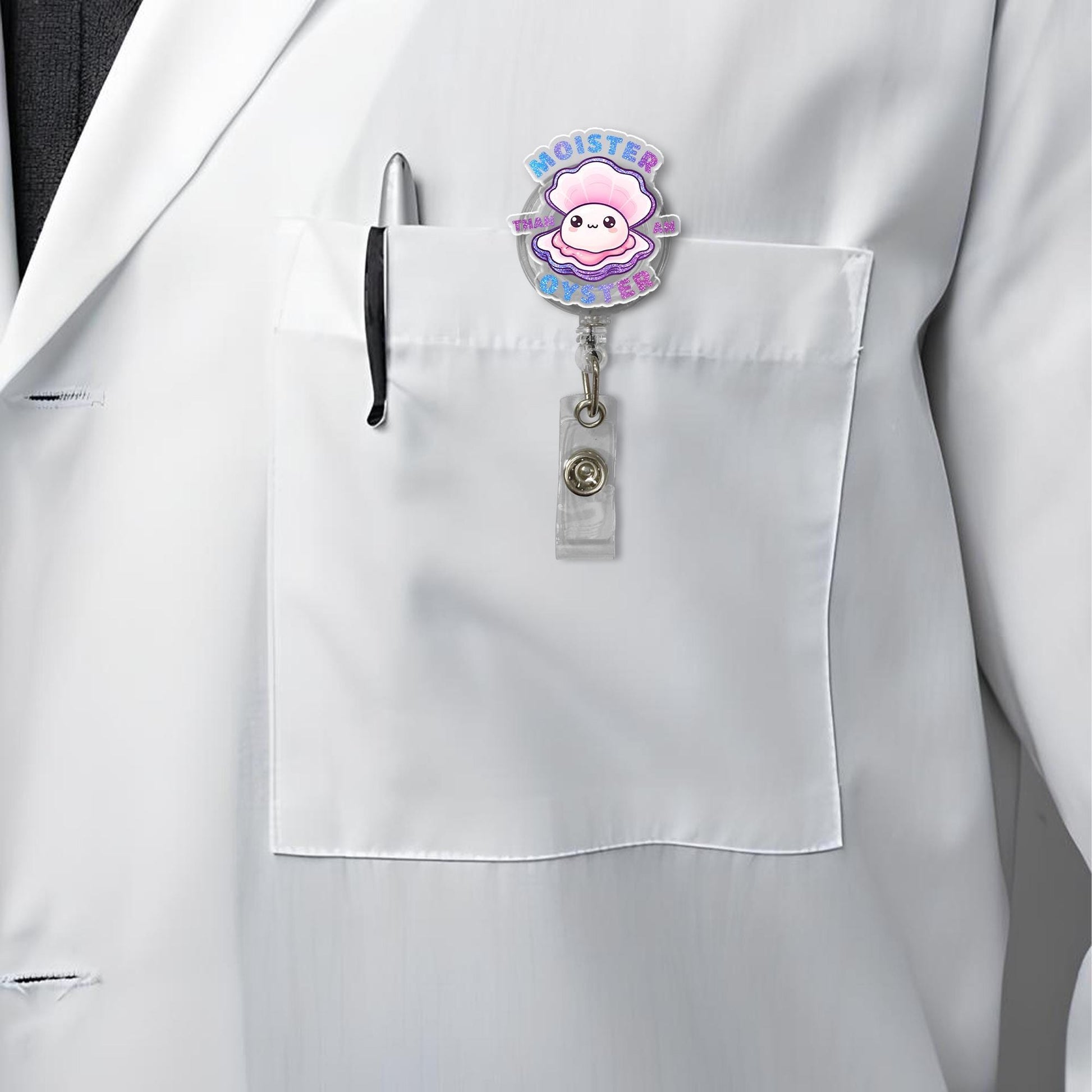 Happy Little Oyster and Clam Badge Reel - Cute Kawaii Smiling Shell Retractable ID Holder for Nurses, Teachers, and Office Staff