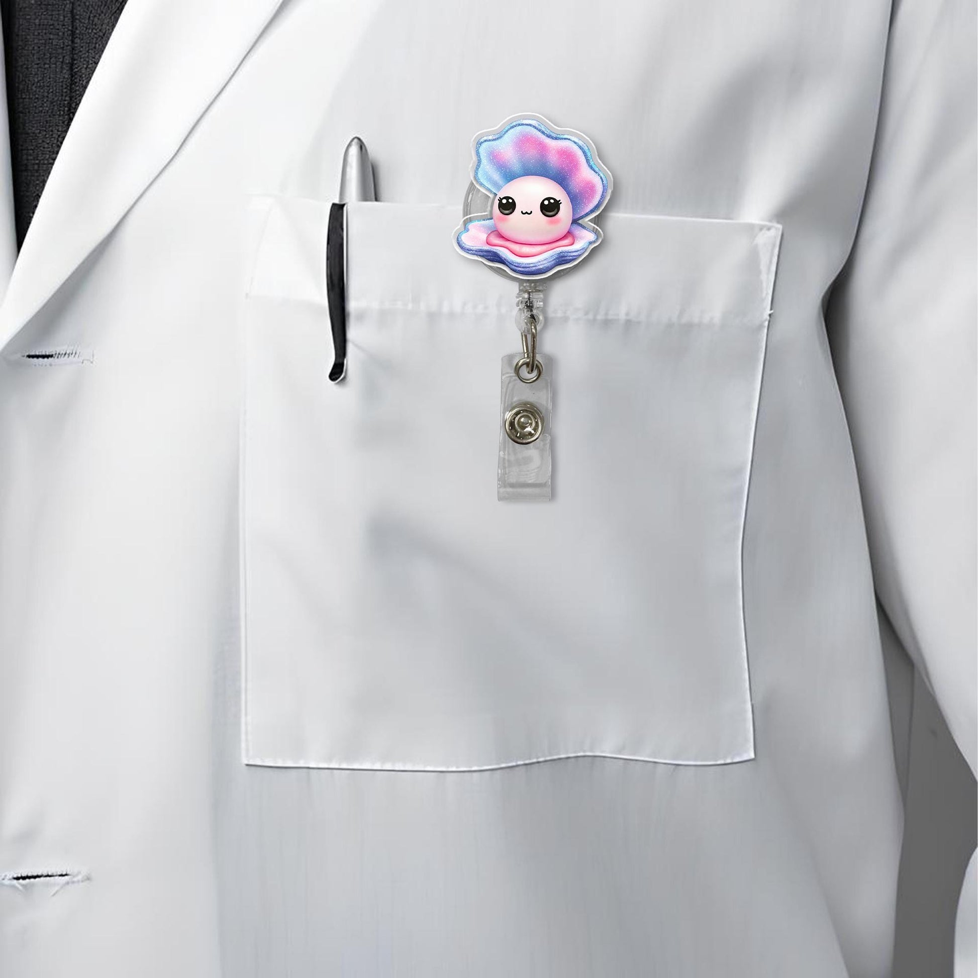 Summer Pearl Oyster Badge Reel - Retractable ID Holder for Nurses, Teachers & Ocean Lovers - Cute Lanyard Accessory