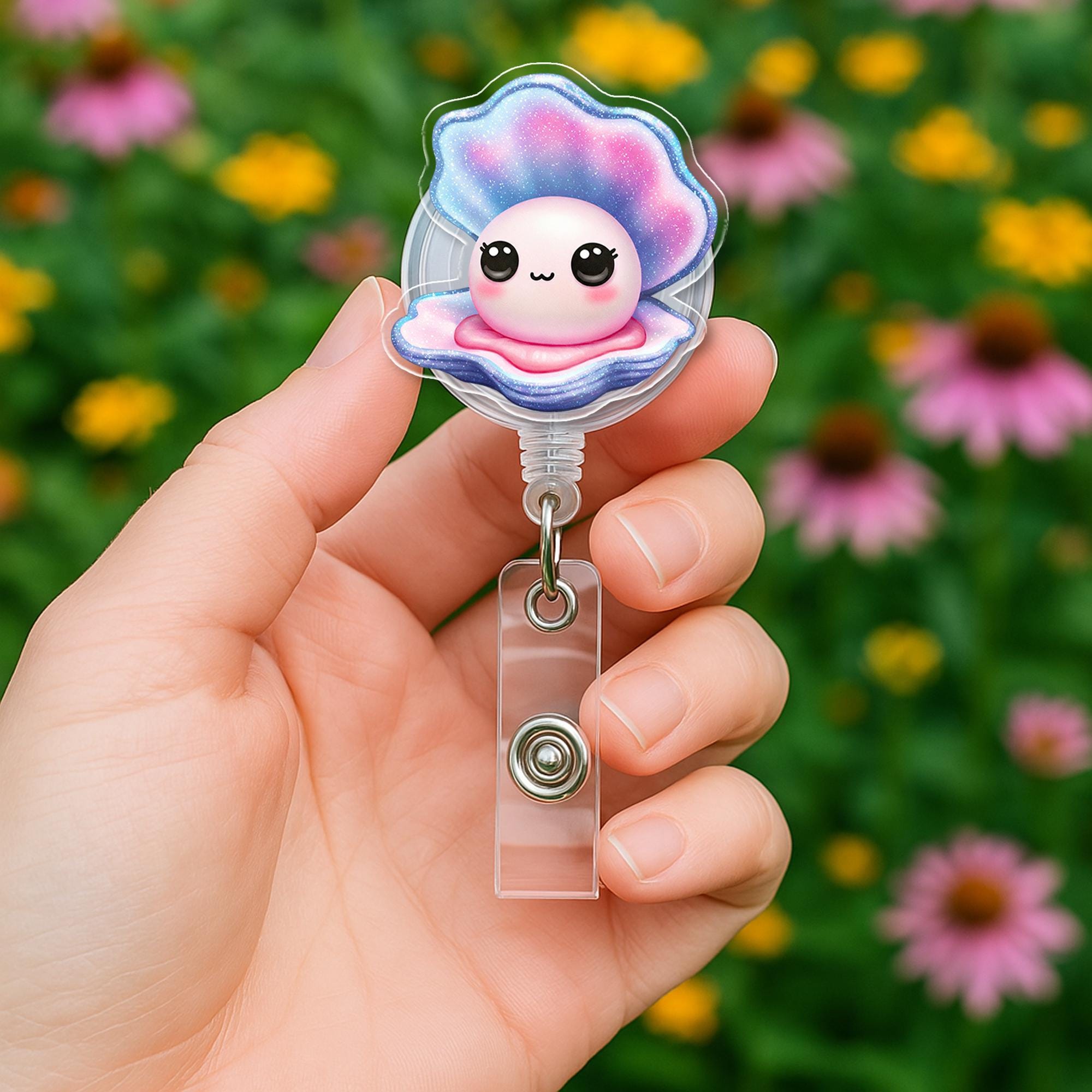 Summer Pearl Oyster Badge Reel - Retractable ID Holder for Nurses, Teachers & Ocean Lovers - Cute Lanyard Accessory