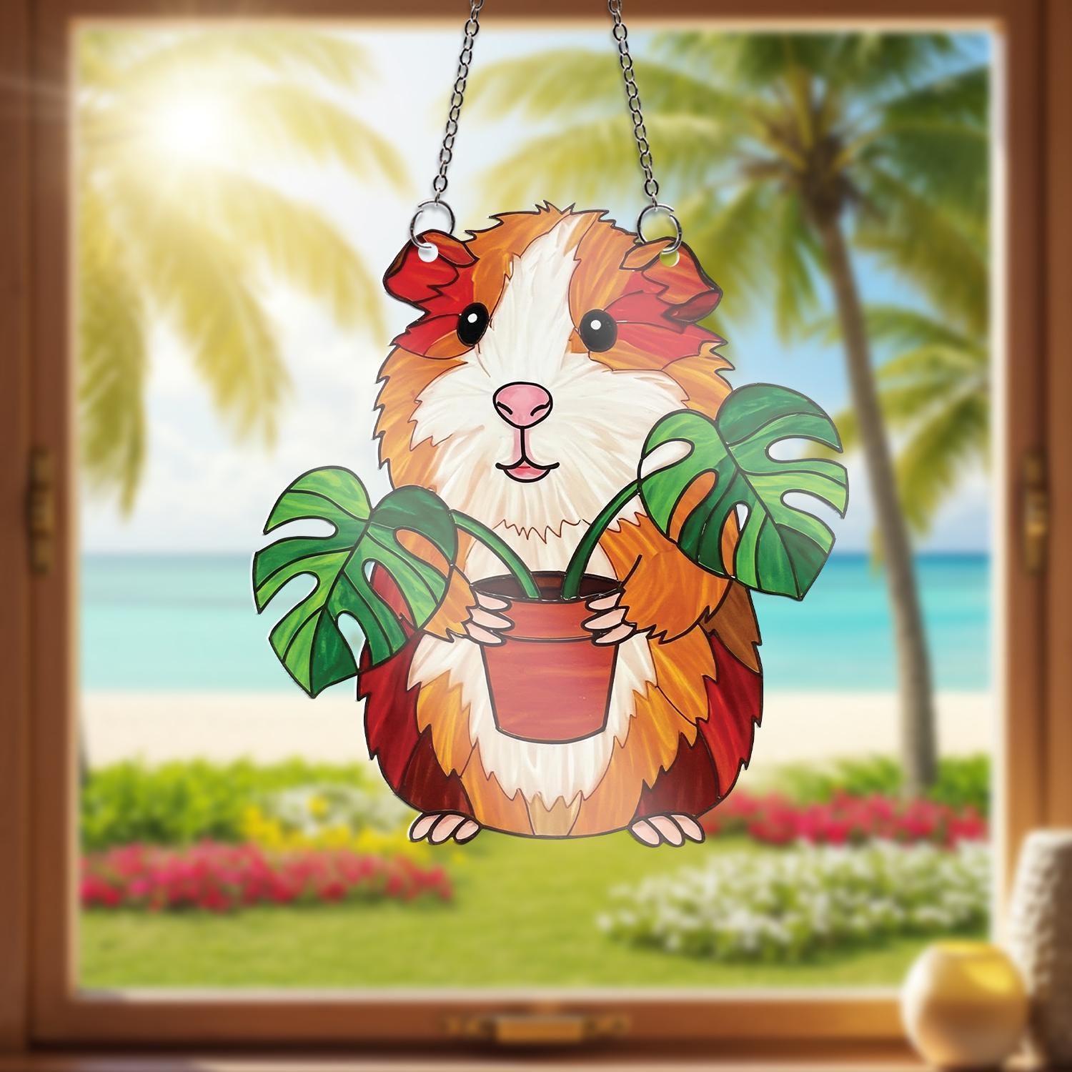 Guinea Pig ACRYLIC Window Hanging – Cute Pet Lover Window Decor with Monstera Plant, Funny Gift for Guinea Pig Owners, Plants Home Decor