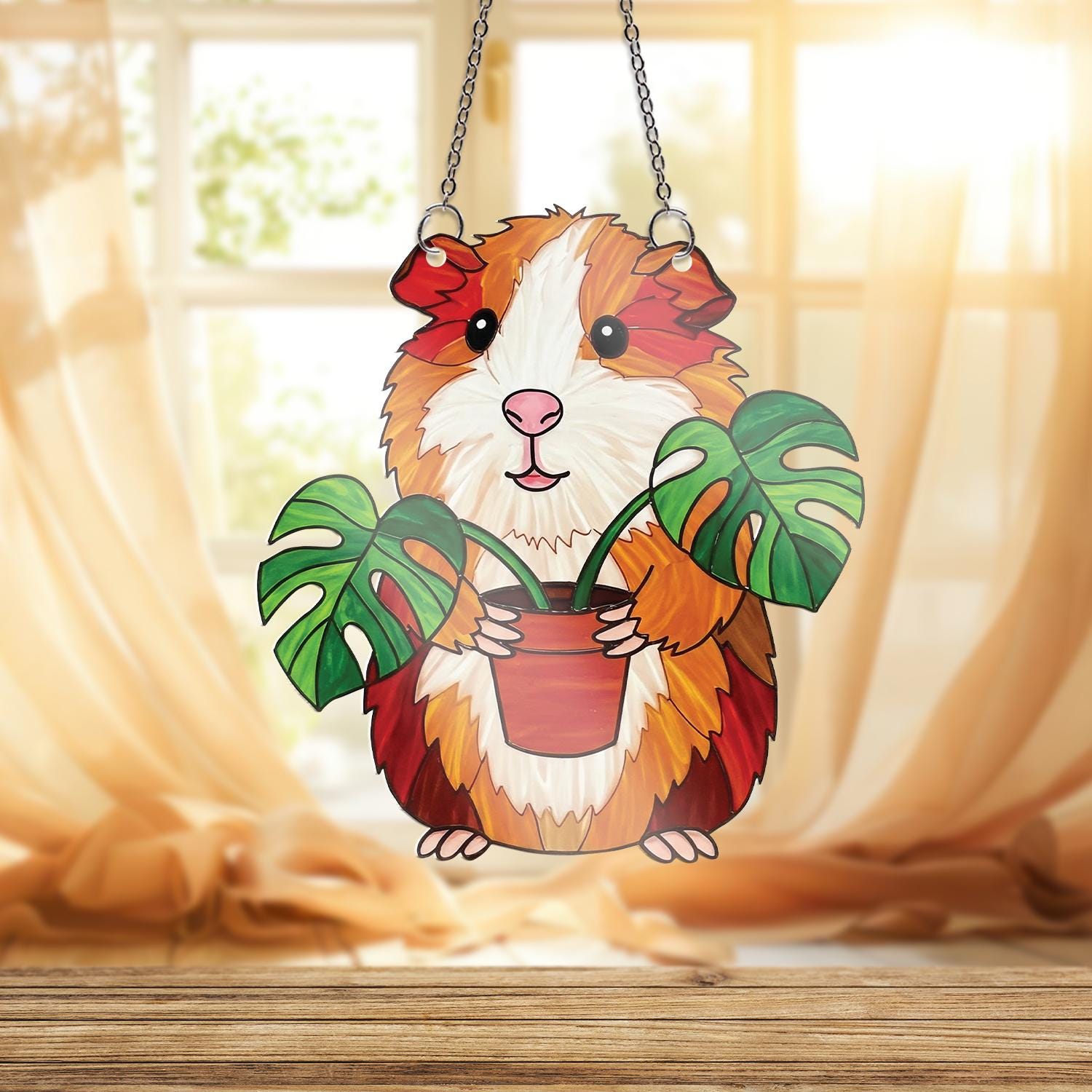 Guinea Pig ACRYLIC Window Hanging – Cute Pet Lover Window Decor with Monstera Plant, Funny Gift for Guinea Pig Owners, Plants Home Decor