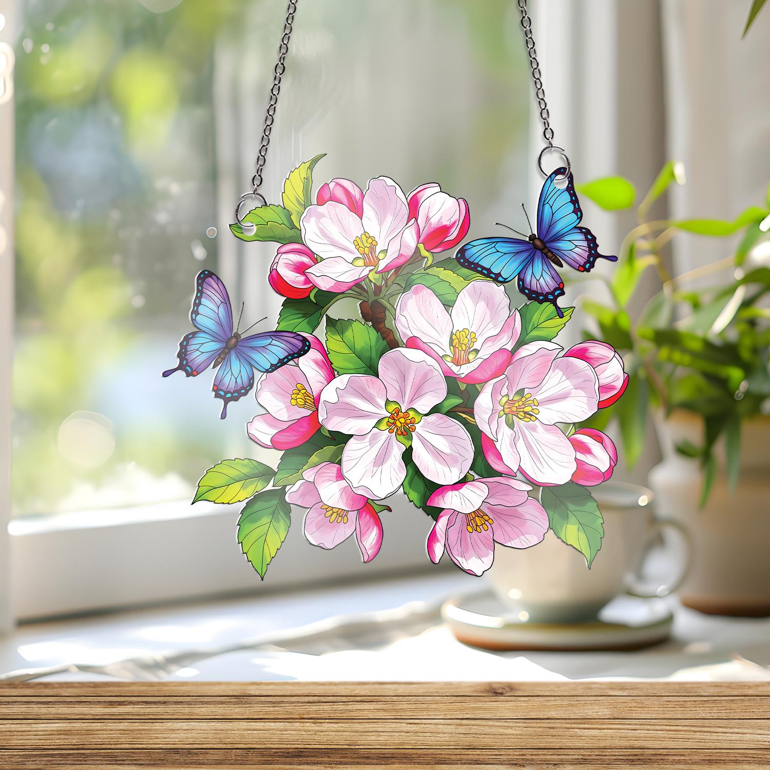 Malus Apple Blossom Acrylic Window Hanging, Apple Flowers & Blue Butterflies Ornament, Spring Decor, Arkansas Flower, Gift for Nature Lovers