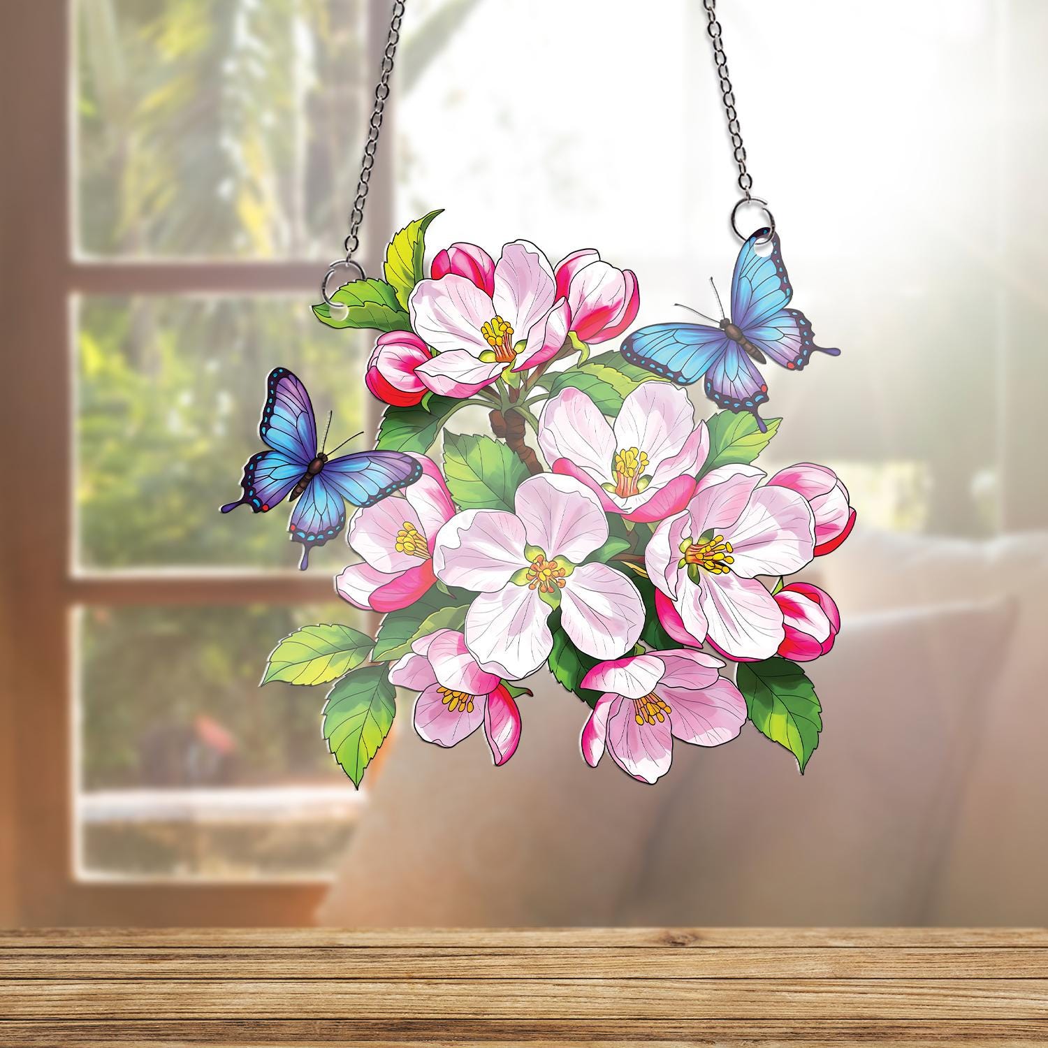 Malus Apple Blossom Acrylic Window Hanging, Apple Flowers & Blue Butterflies Ornament, Spring Decor, Arkansas Flower, Gift for Nature Lovers