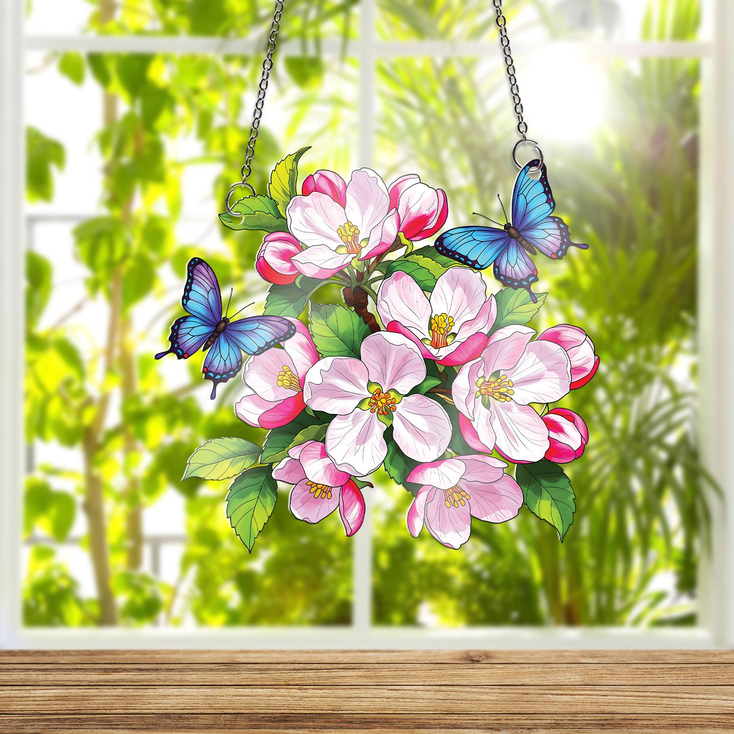 Malus Apple Blossom Acrylic Window Hanging, Apple Flowers & Blue Butterflies Ornament, Spring Decor, Arkansas Flower, Gift for Nature Lovers