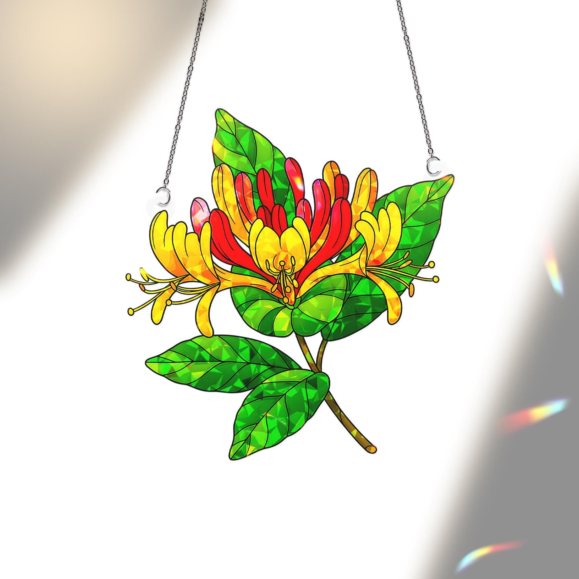 Honeysuckle Bloom Acrylic Ornament, Floral Window Decor, Vibrant Botanical Art, Spring Garden Hanging, Aries Zodiac Flower Gift
