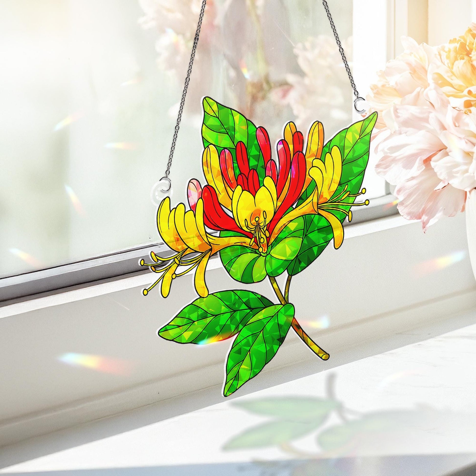 Honeysuckle Bloom Acrylic Ornament, Floral Window Decor, Vibrant Botanical Art, Spring Garden Hanging, Aries Zodiac Flower Gift