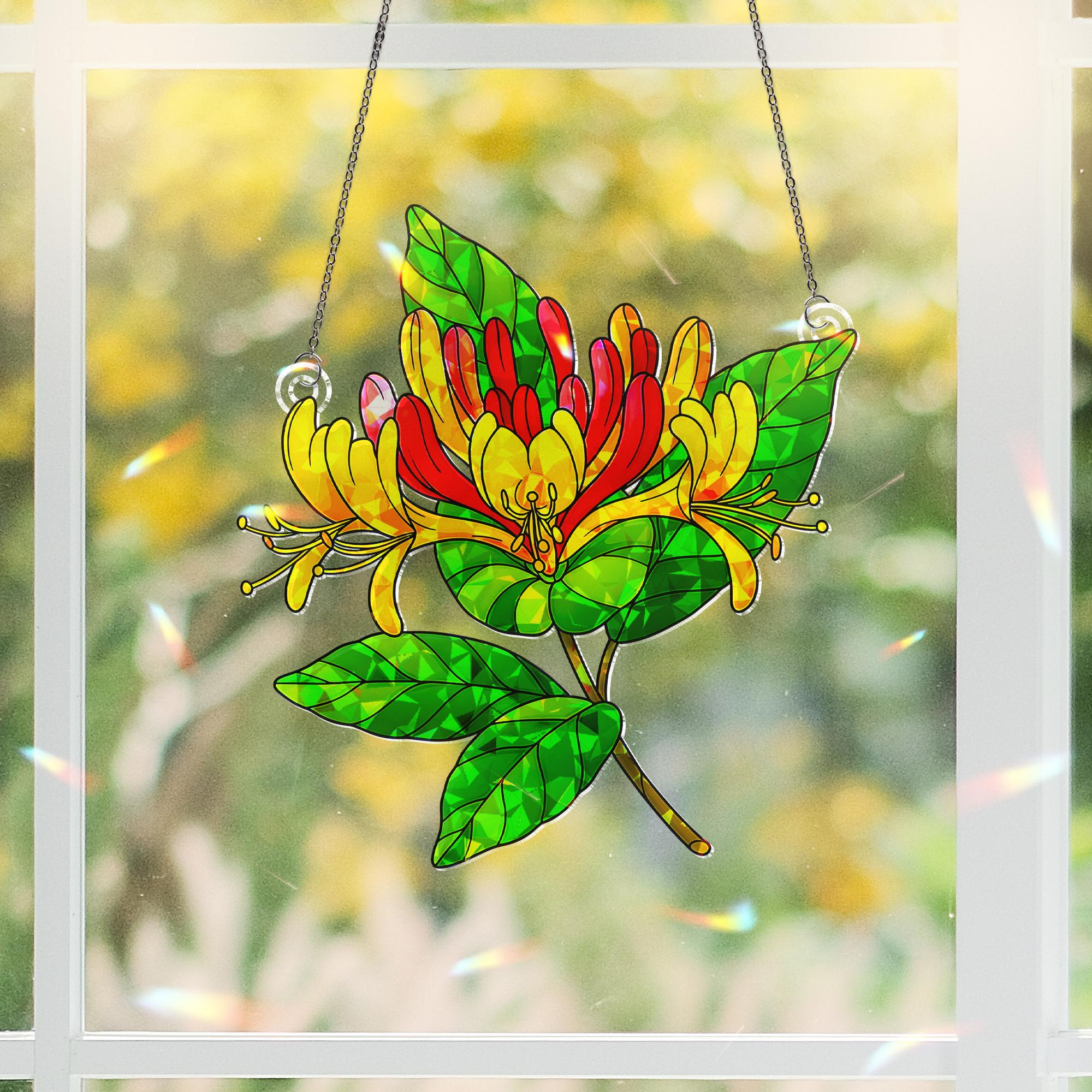 Honeysuckle Bloom Acrylic Ornament, Floral Window Decor, Vibrant Botanical Art, Spring Garden Hanging, Aries Zodiac Flower Gift