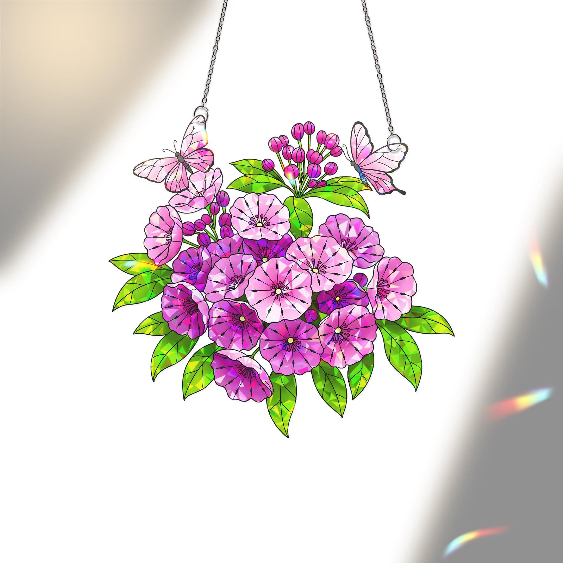 Mountain Laurel Flower Butterflies Acrylic Window Decor, Garden Hanging Ornament, Botanical Gift for Her, Connecticut Floral Home Decoration