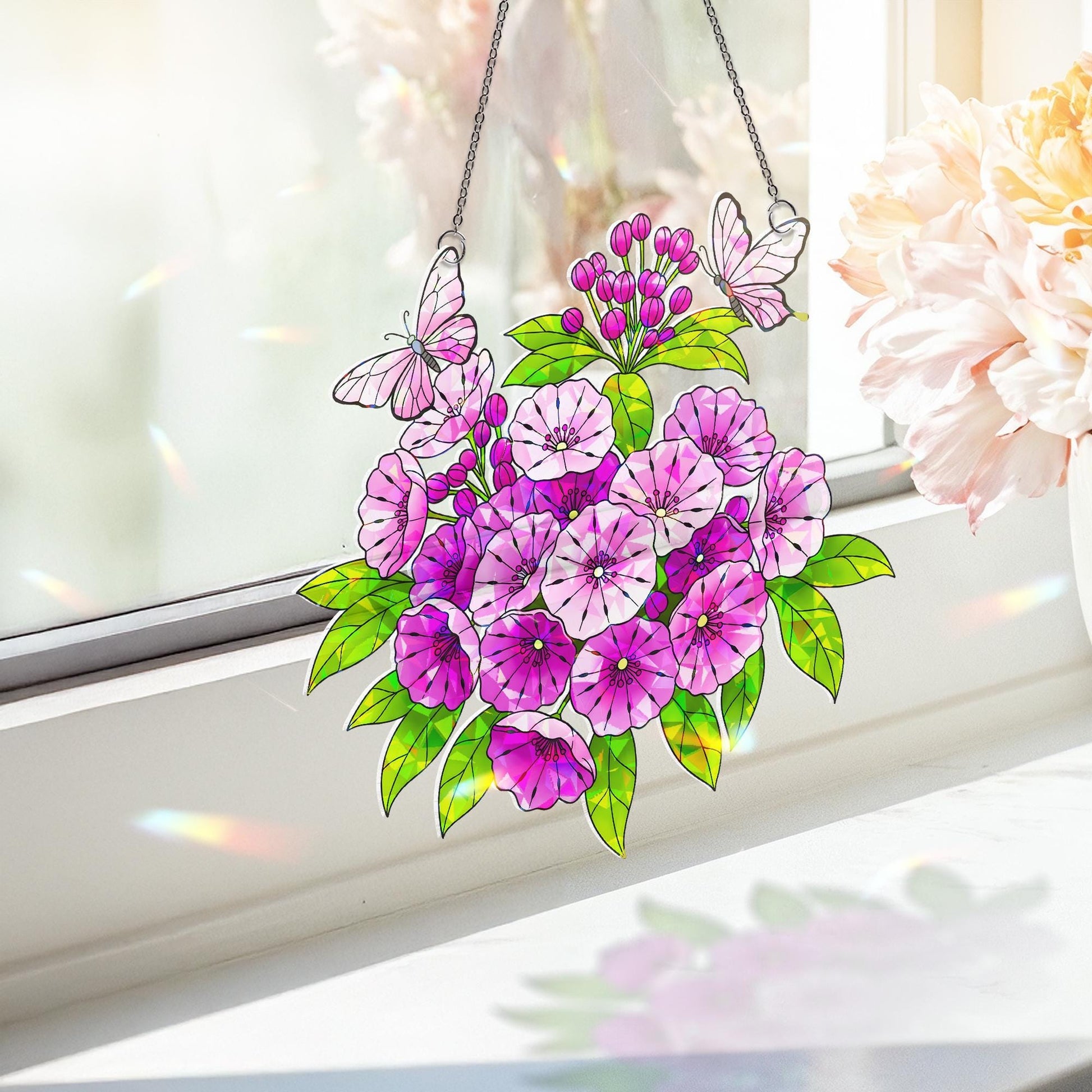 Mountain Laurel Flower Butterflies Acrylic Window Decor, Garden Hanging Ornament, Botanical Gift for Her, Connecticut Floral Home Decoration