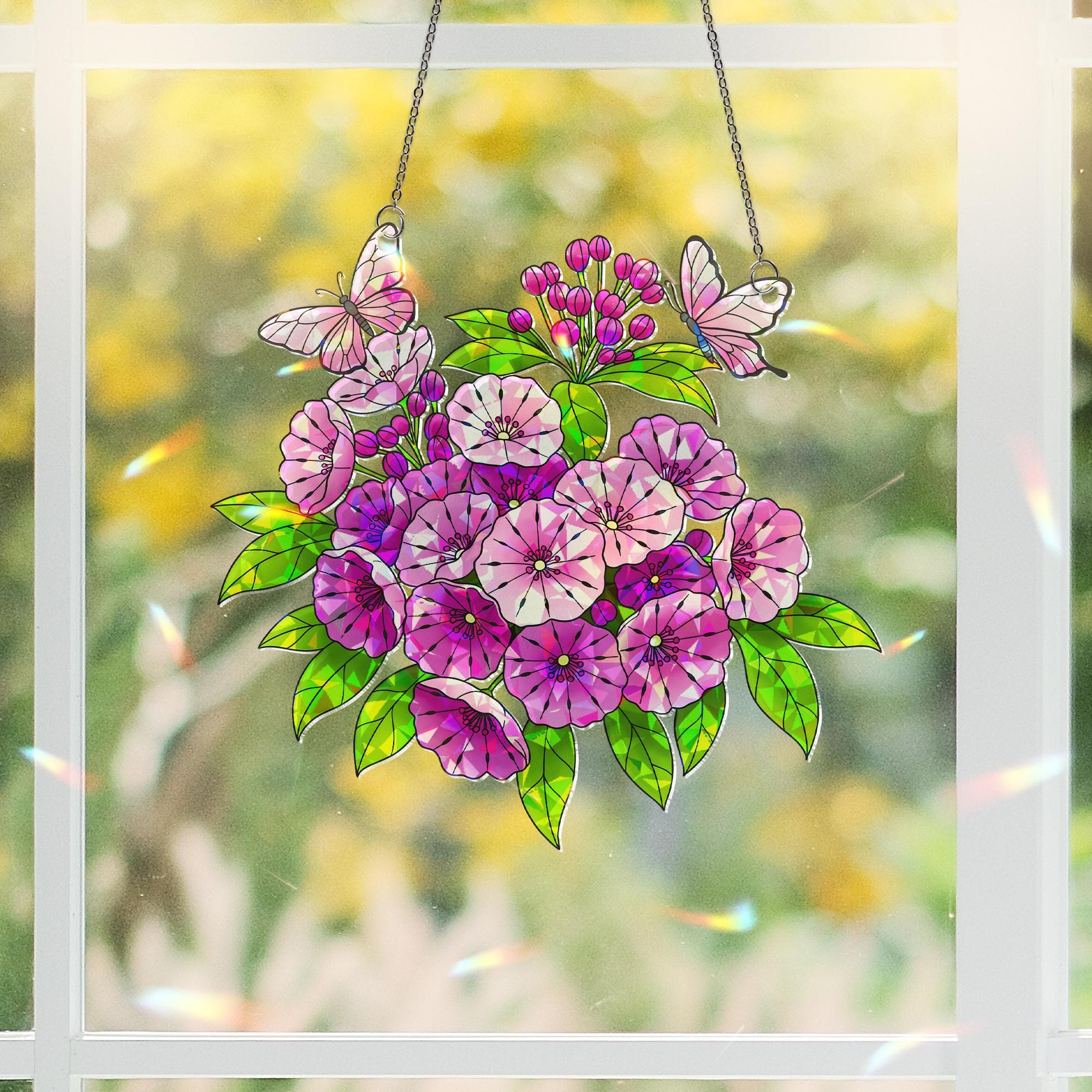 Mountain Laurel Flower Butterflies Acrylic Window Decor, Garden Hanging Ornament, Botanical Gift for Her, Connecticut Floral Home Decoration