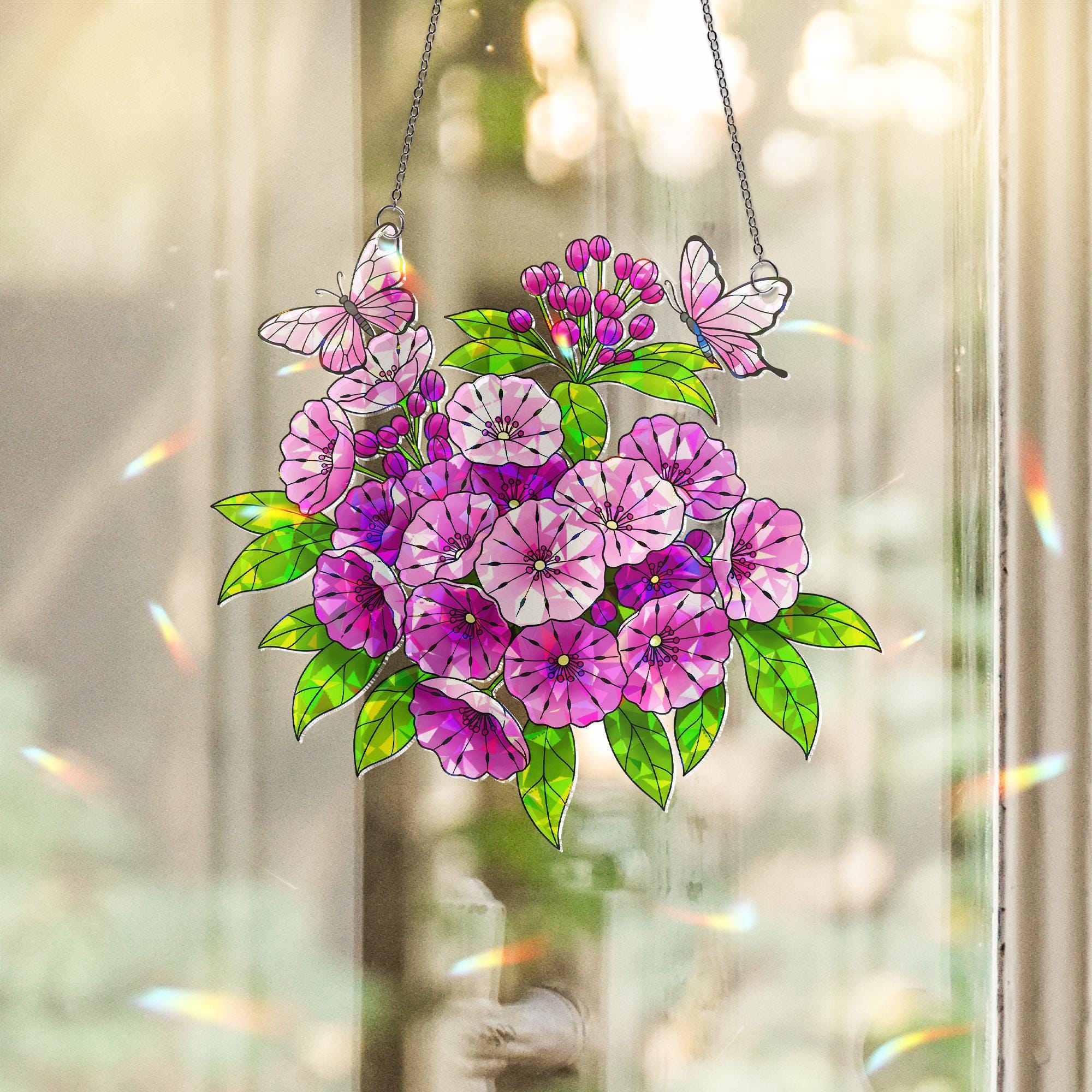 Mountain Laurel Flower Butterflies Acrylic Window Decor, Garden Hanging Ornament, Botanical Gift for Her, Connecticut Floral Home Decoration