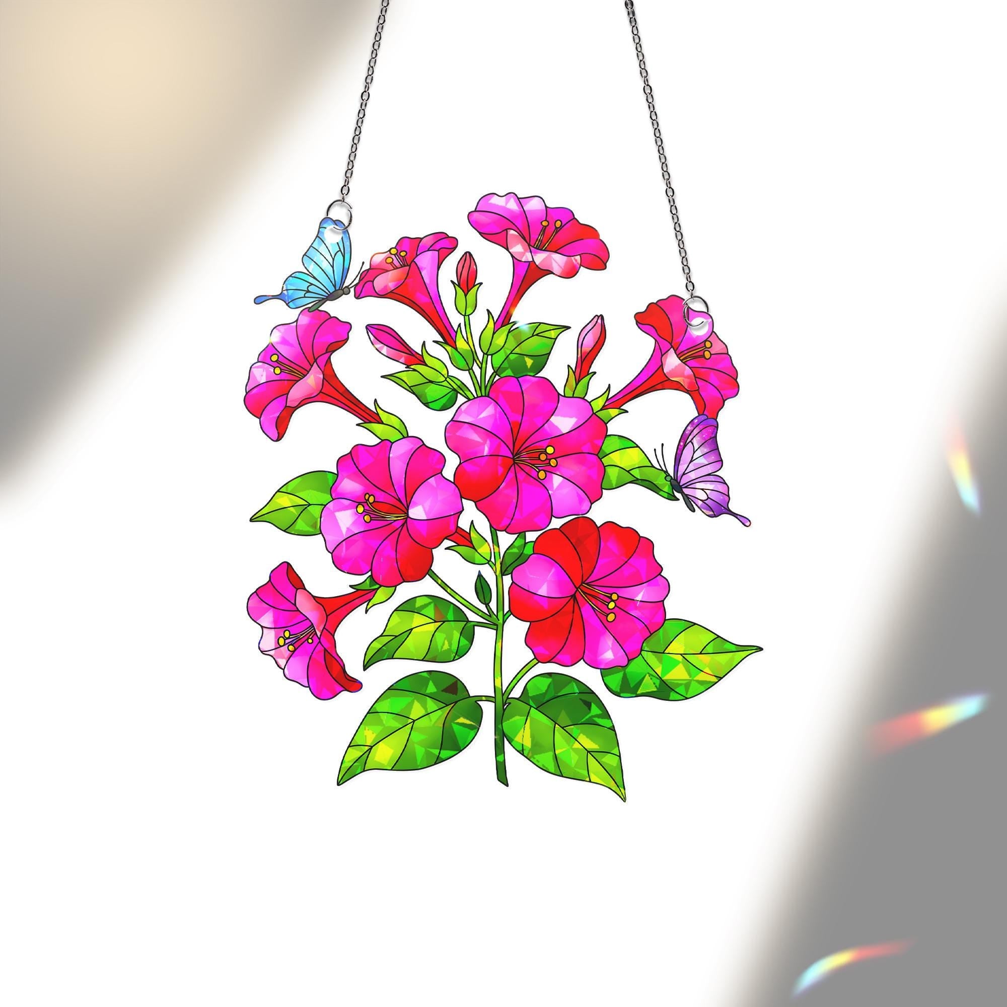 Mirabilis Jalapa Flower Butterflies Acrylic Window Decor, Garden Hanging Ornament, Botanical Gift for Her,Connecticut Floral Home Decoration