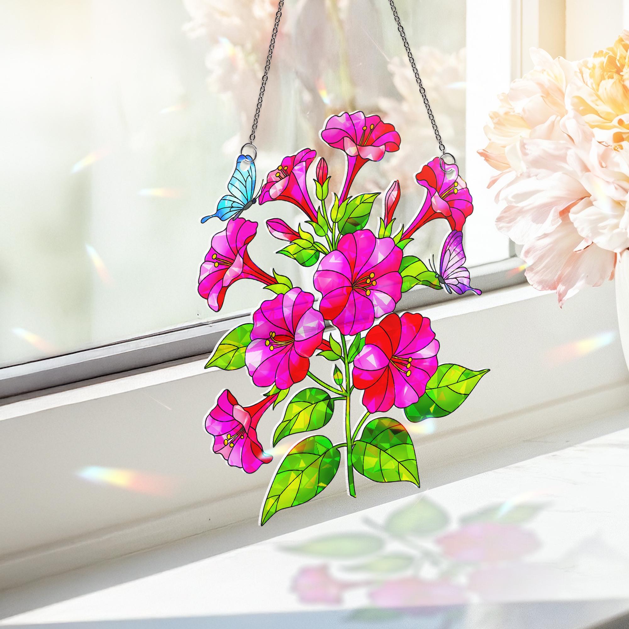 Mirabilis Jalapa Flower Butterflies Acrylic Window Decor, Garden Hanging Ornament, Botanical Gift for Her,Connecticut Floral Home Decoration