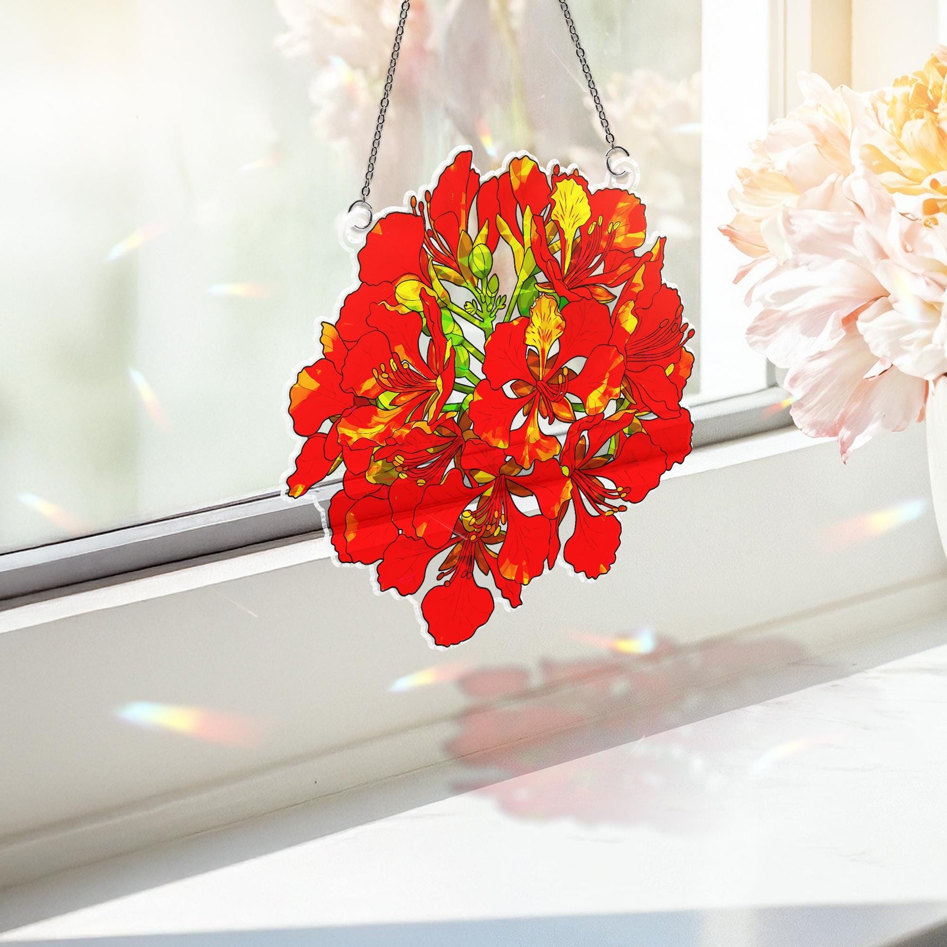 Delonix Regia Bloom Acrylic Window Decor - Tropical Flower Suncatcher Ornament - Vibrant Floral Art Hanging for Home Garden