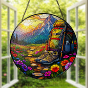 Hiking Adventure Glass Suncatcher - Mountain Trail, Backpack, Boots, and Wildflowers Window Hanging - Nature Lover Gift, Outdoor Decor