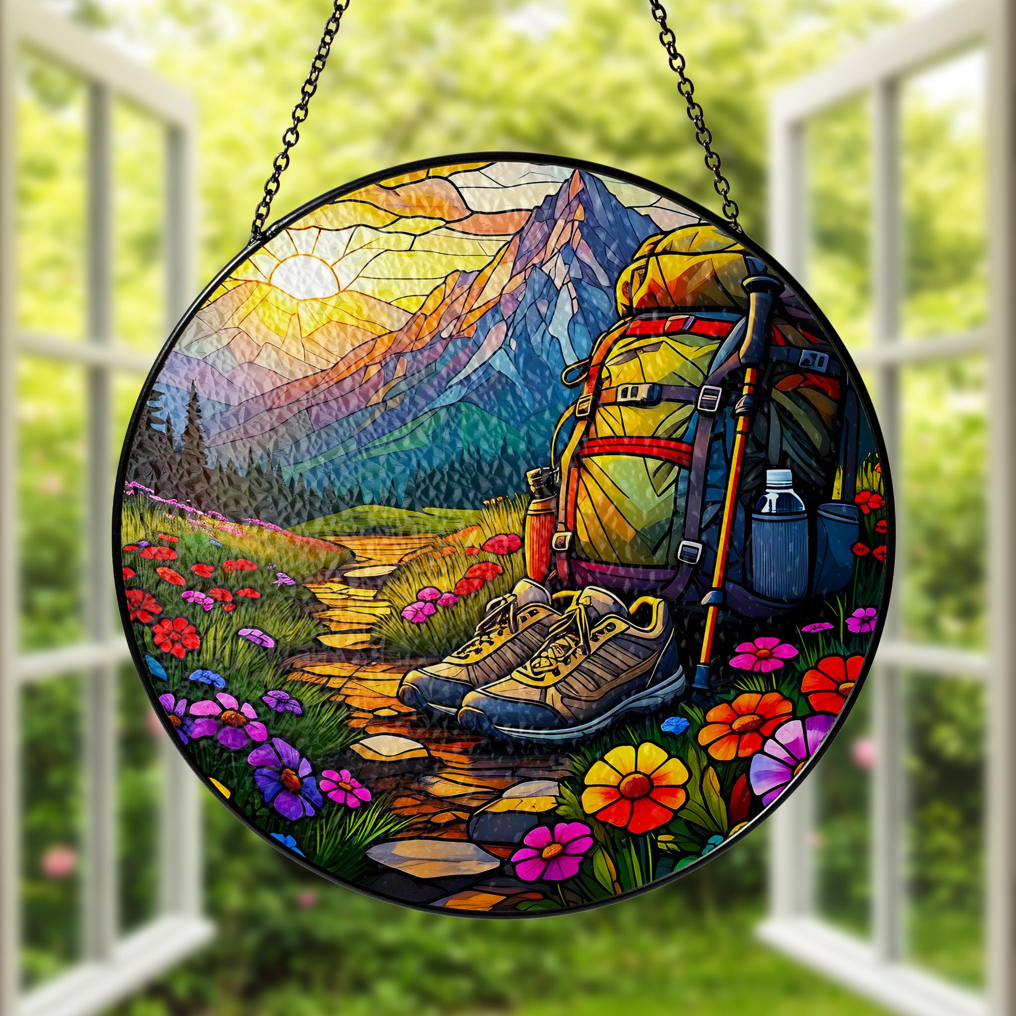 Hiking Adventure Glass Suncatcher - Mountain Trail, Backpack, Boots, and Wildflowers Window Hanging - Nature Lover Gift, Outdoor Decor