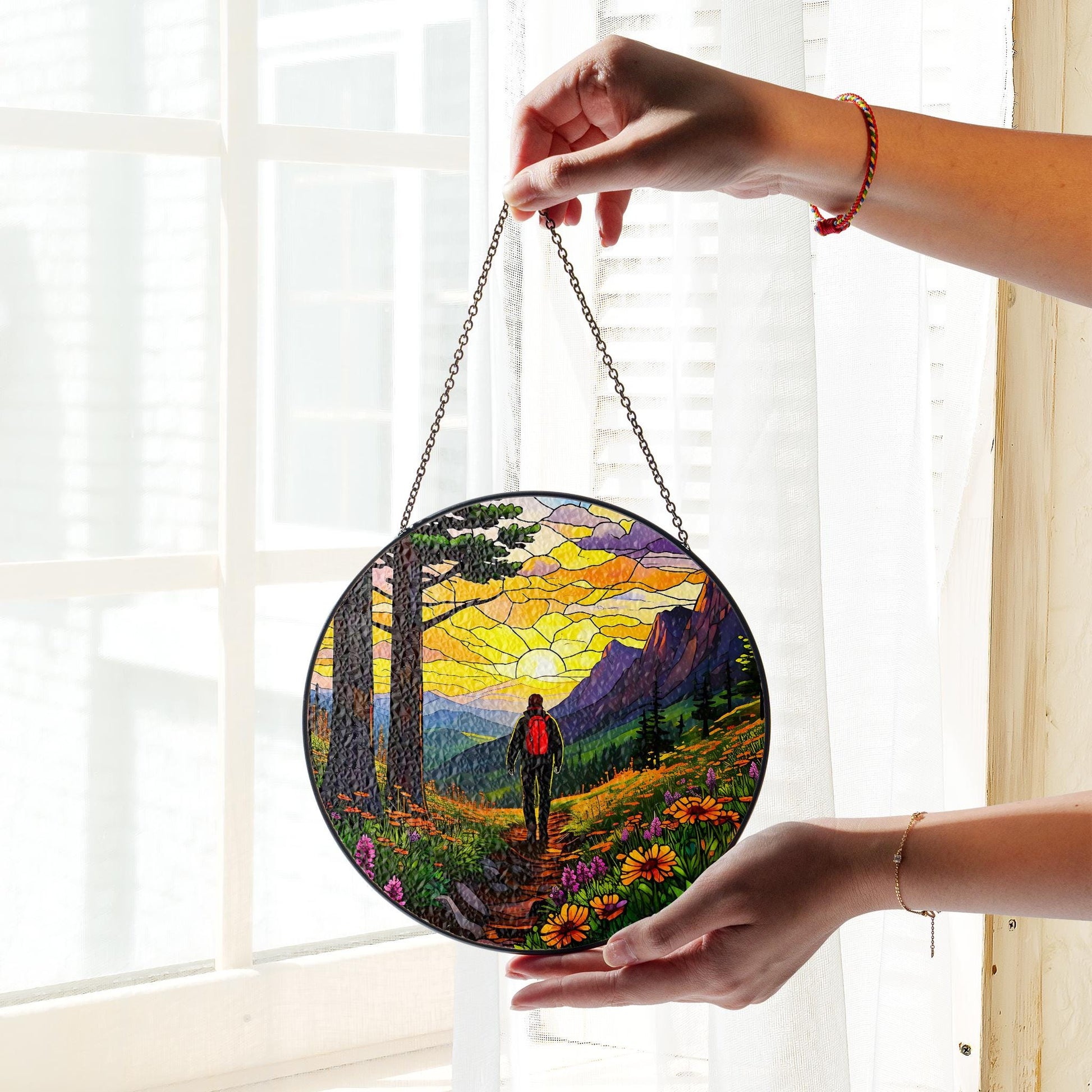 Hiking Man Adventure Glass Suncatcher - Mountain Trail, Backpack, Boots, and Wildflowers Window Hanging - Nature Lover Gift, Outdoor Decor