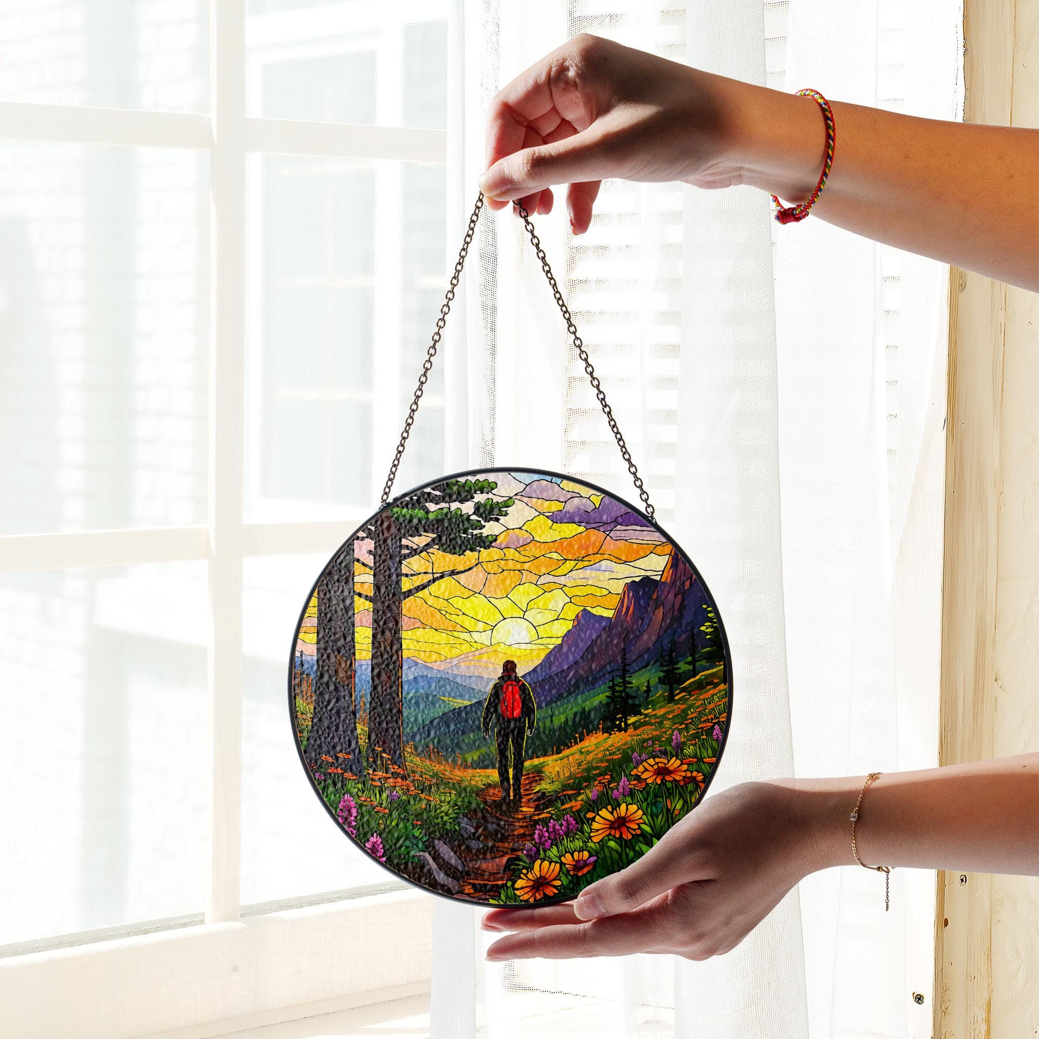 Hiking Man Adventure Glass Suncatcher - Mountain Trail, Backpack, Boots, and Wildflowers Window Hanging - Nature Lover Gift, Outdoor Decor
