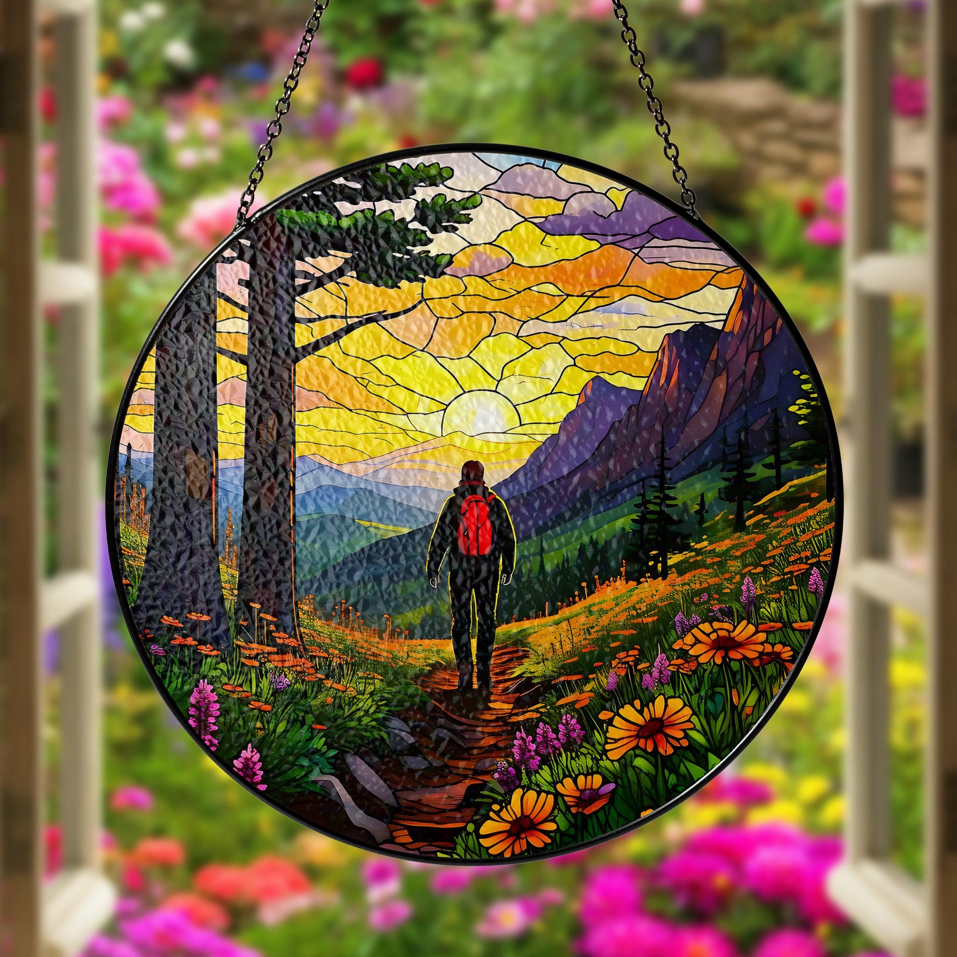 Hiking Man Adventure Glass Suncatcher - Mountain Trail, Backpack, Boots, and Wildflowers Window Hanging - Nature Lover Gift, Outdoor Decor