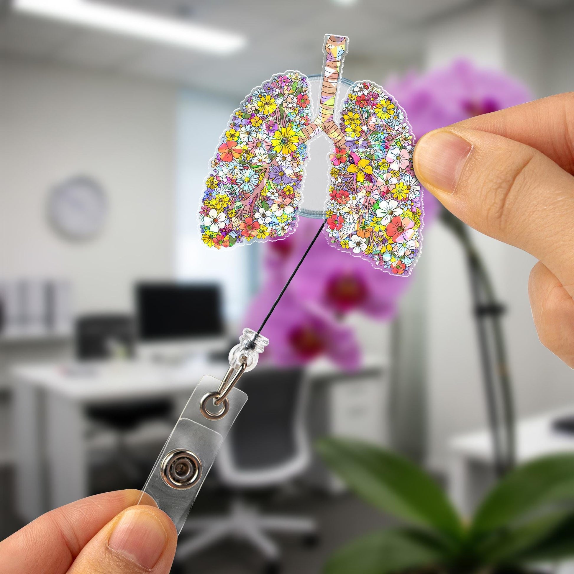 Floral Lung Badge Reel, Anatomical Lungs ID Holder, Respiratory Therapist Gift, Cute Nurse Doctor RT Accessory, Medical Staff Badge