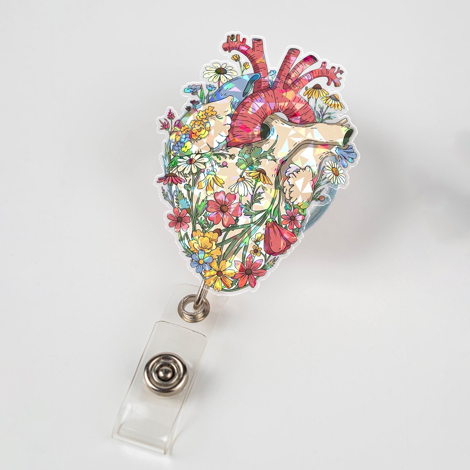 Floral Anatomical Heart Badge Reel, CVICU Nurse Gift, Retractable Acrylic ID Holder, Cardiac Nurse Badge Clip, Medical Staff Wildflower Art